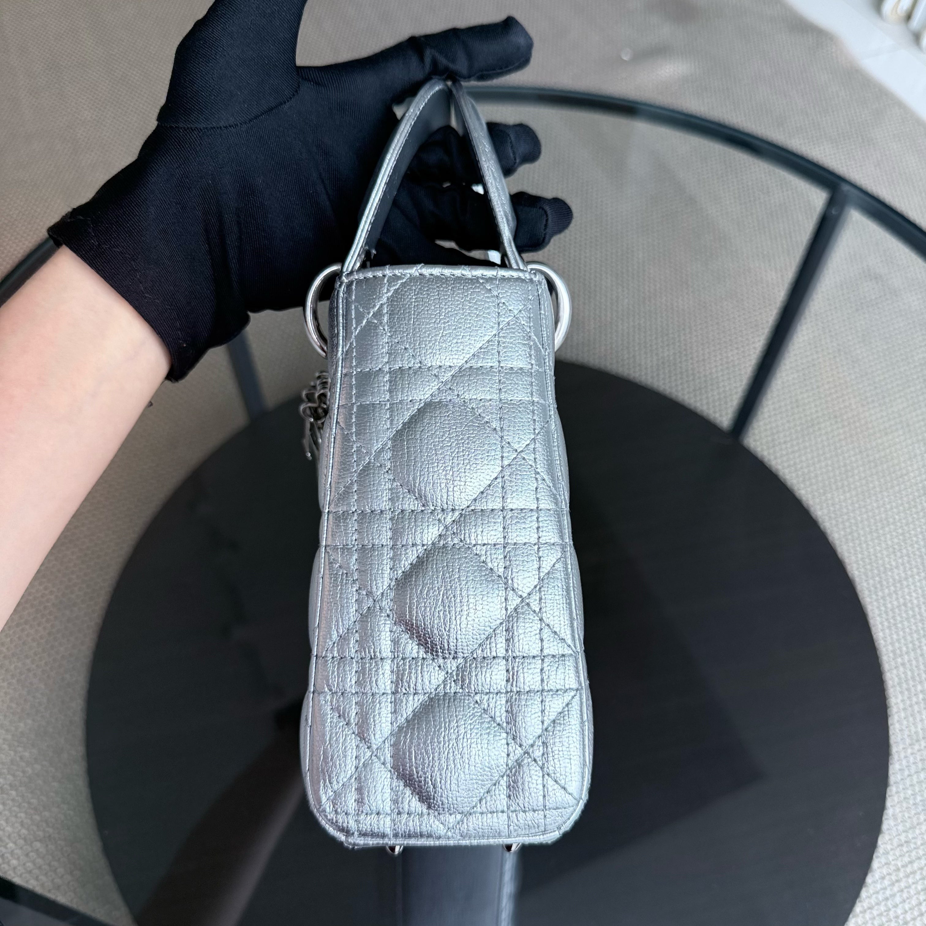 Dior Lady Small - Cannage Metallic Calfskin Silver Silver Hardware