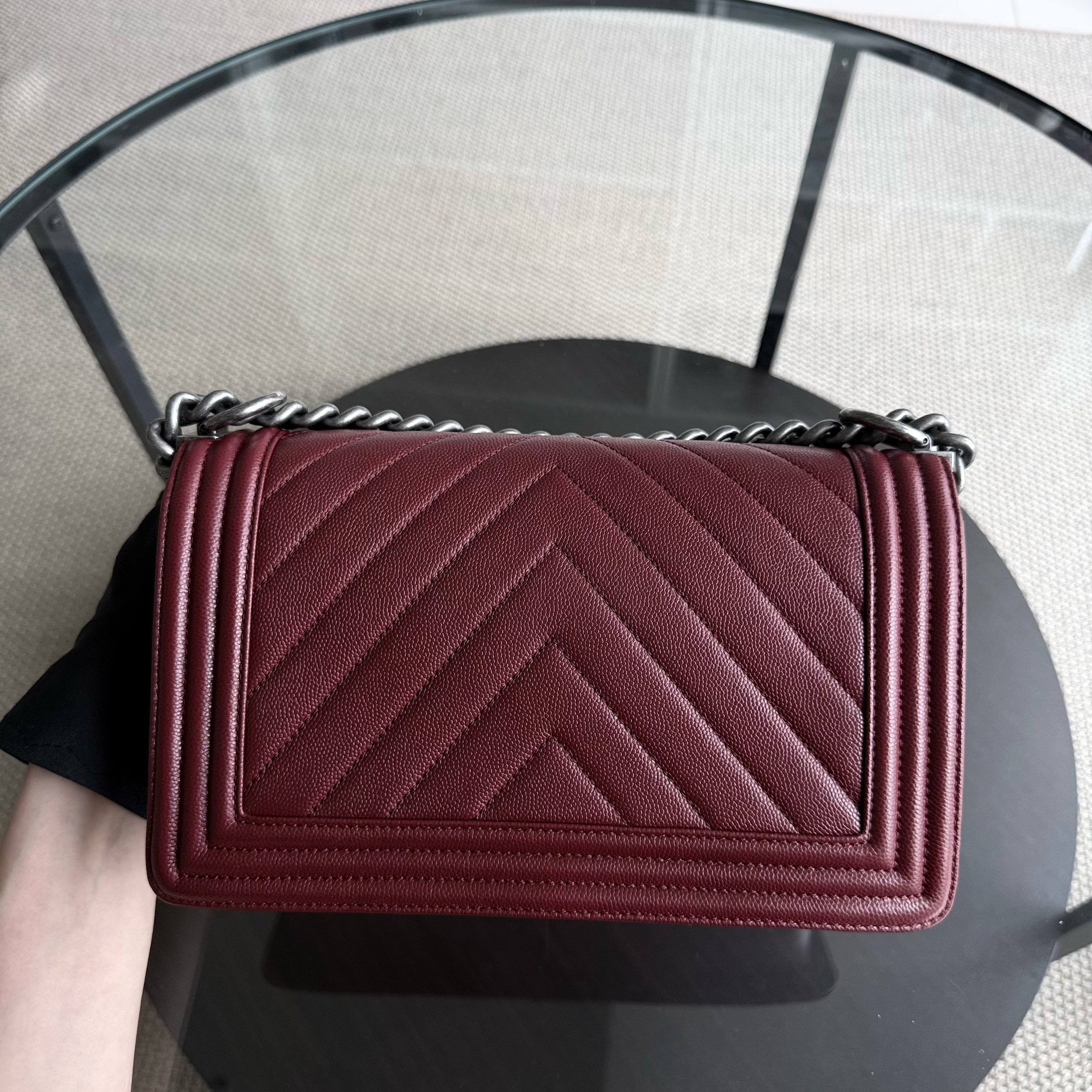 Chanel Boy Medium - Caviar 25CM Chevron Dark Red Burgundy Ruthenium Silver Hardware Series 24