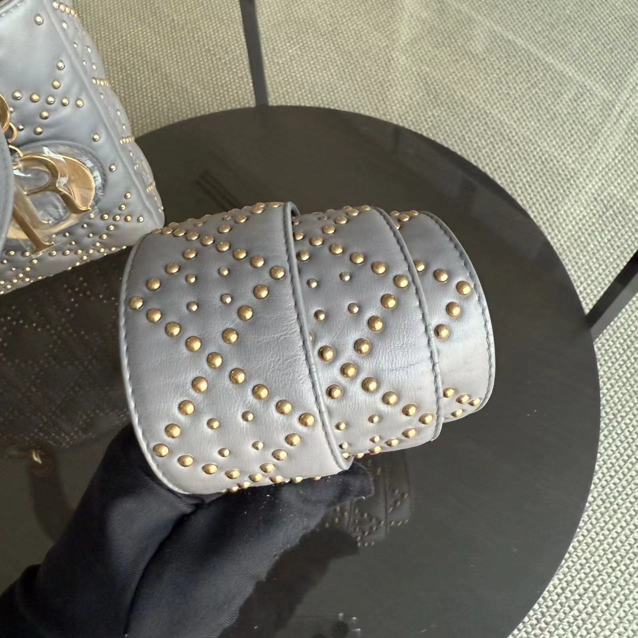 Dior Small Lady Shoulder Bag - Studded Cannage Grey Gray Golden Hardware
