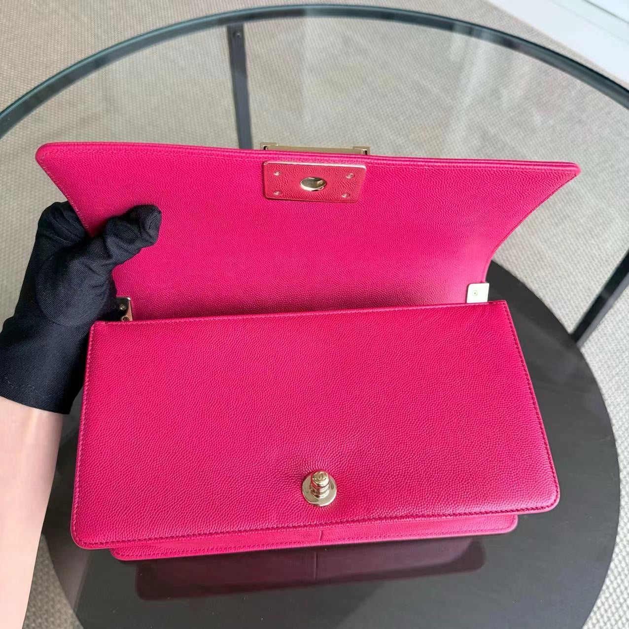Chanel Boy Medium - Caviar 25CM Quilted Grained Calfskin Hot Pink Gold Hardware Series 23