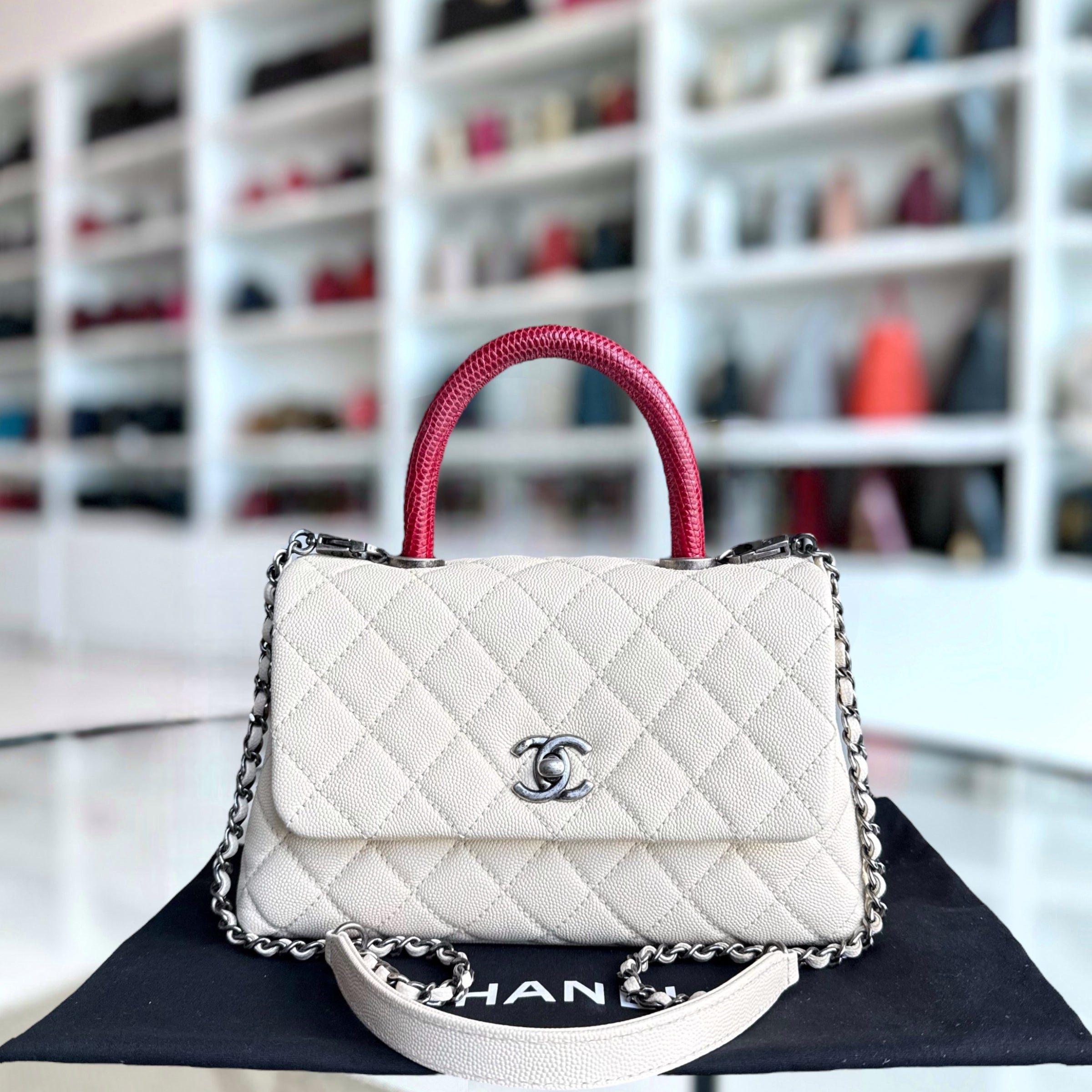 Chanel Coco Handle Small - Caviar Quilted Grained Calfskin White Ruthenium Silver Hardware