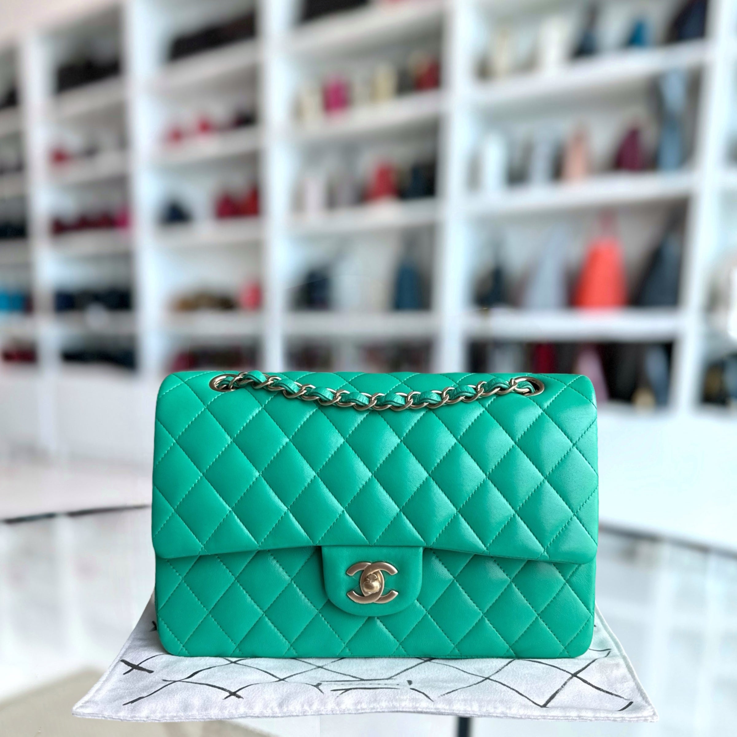 Chanel Classic Flap Medium - 25CM Quilted Lambskin Green Gold Hardware Series 18