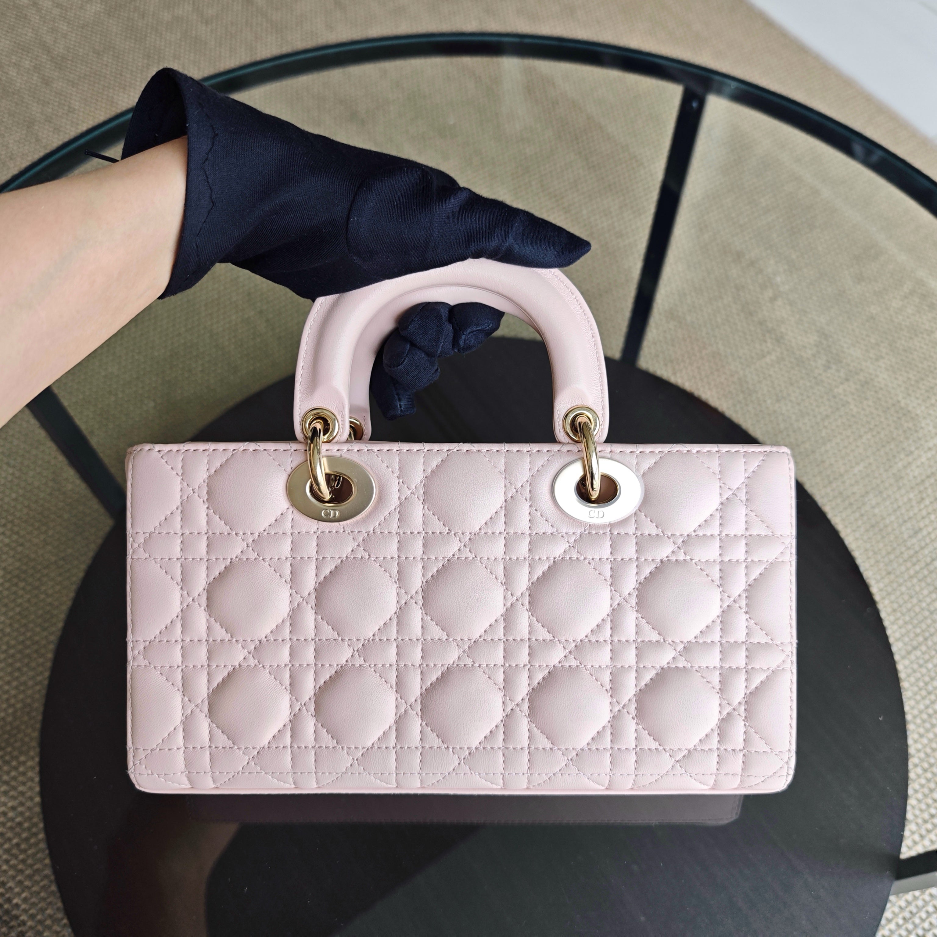 Dior D-Joy Medium - Cannage Lambskin Light Pink Gold Hardware