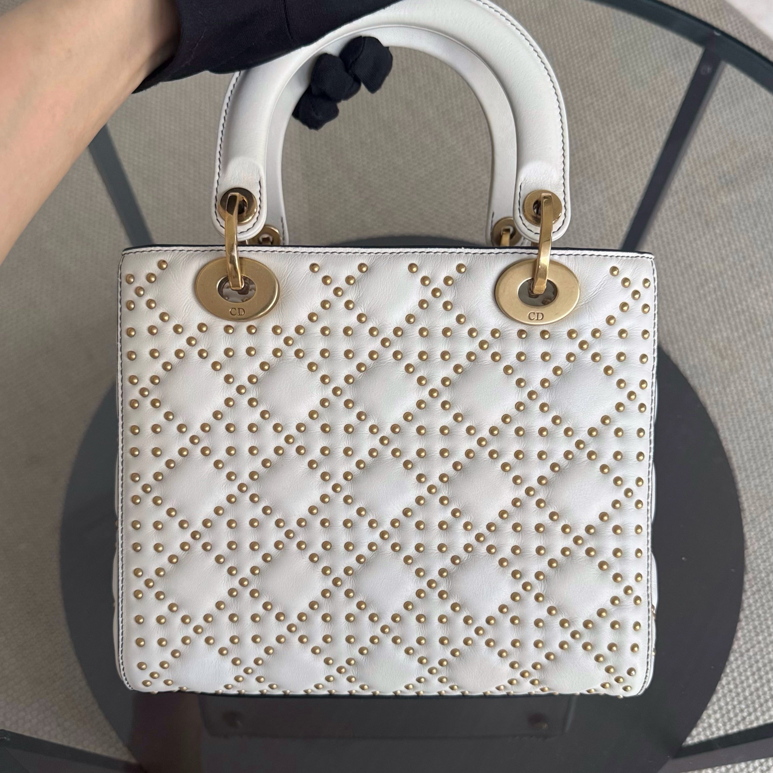 Dior Lady Medium Flap - Studded Cannage Calfskin White Gold Hardware