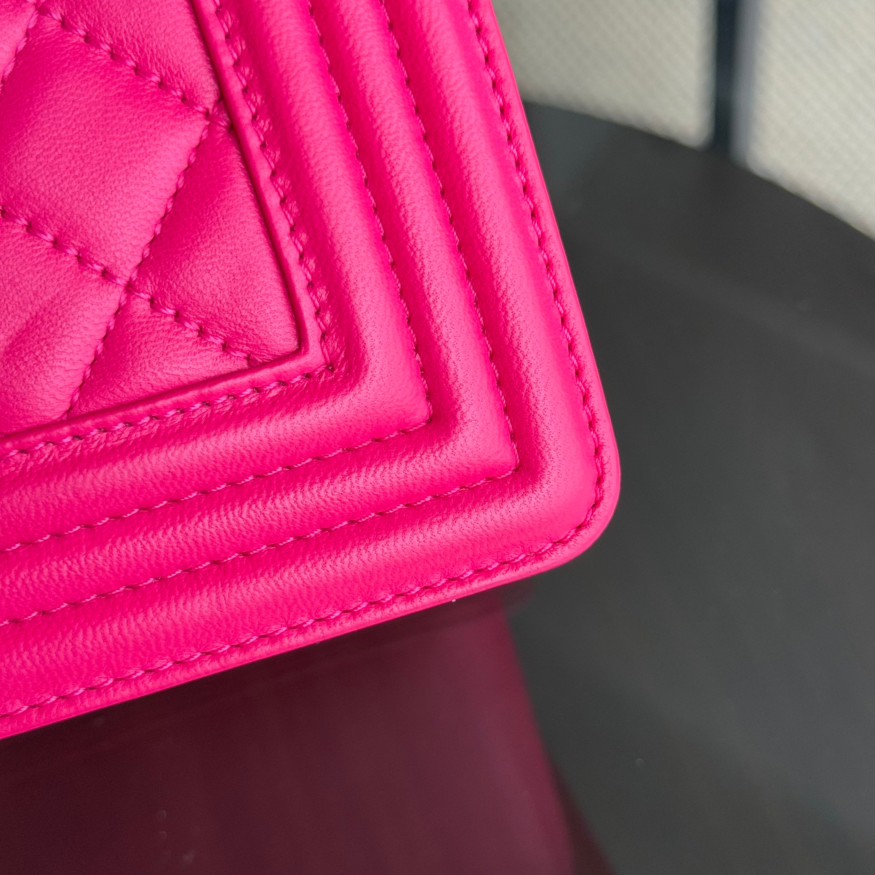 Chanel Boy Medium - 28CM Quilted Lambskin Hot Pink Ruthenium Silver Hardware Series 19