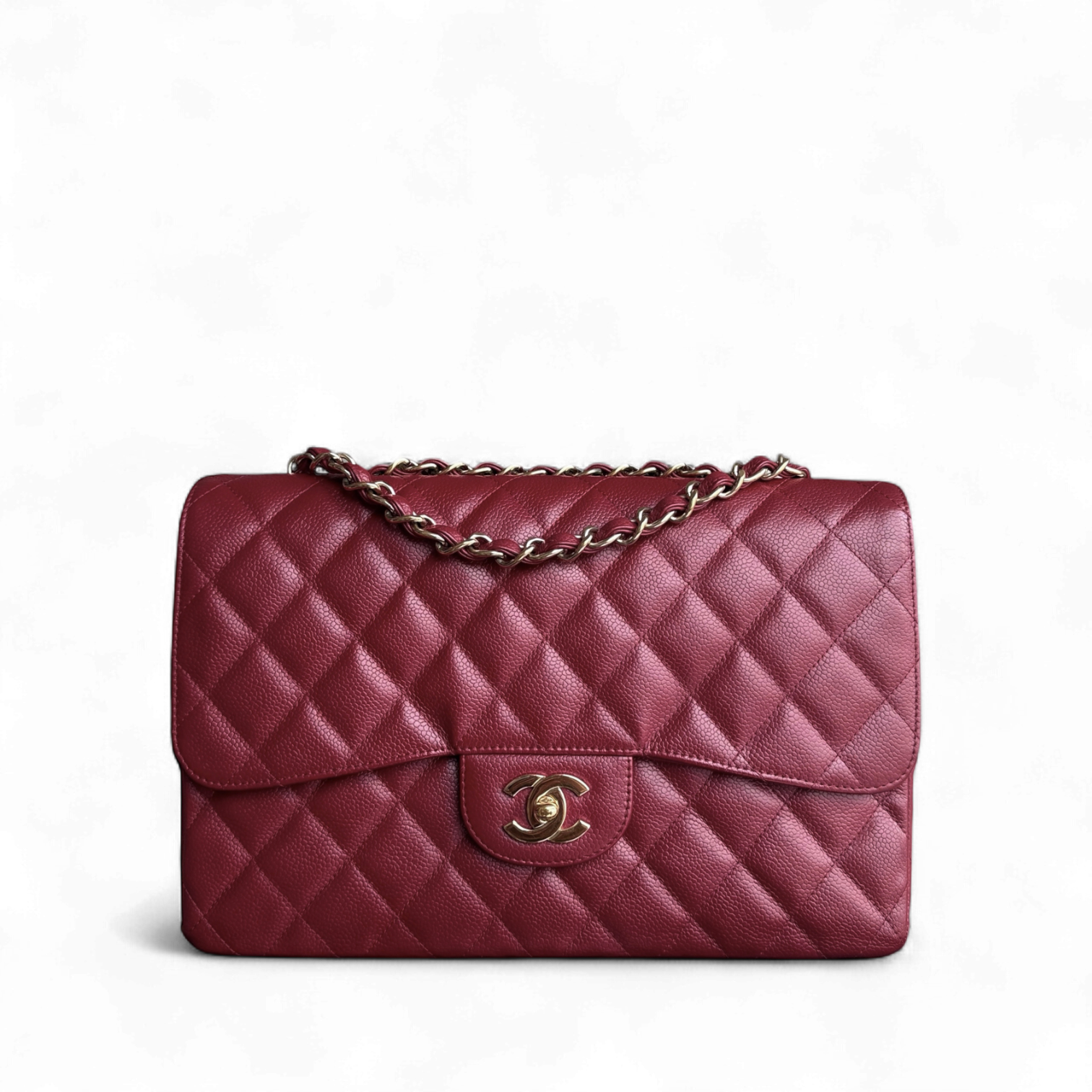Chanel Classic Flap Jumbo - Caviar 30CM Single Flap Quilted Burgundy Dark Red Gold Hardware Series 13