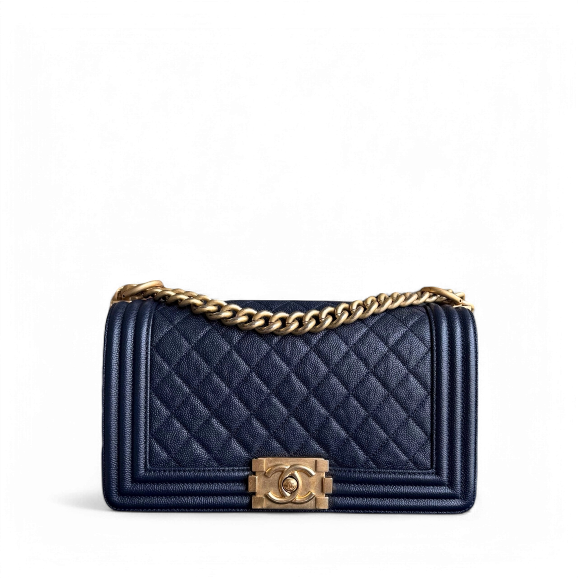 Chanel Boy Medium - Caviar 25CM Quilted Dark Blue Gold Hardware Series 25