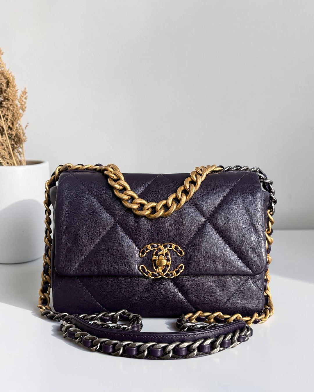 Chanel 19Bag C19 Small - Quilted Goatskin Dark Purple Gold Two-tone Hardware Series 30