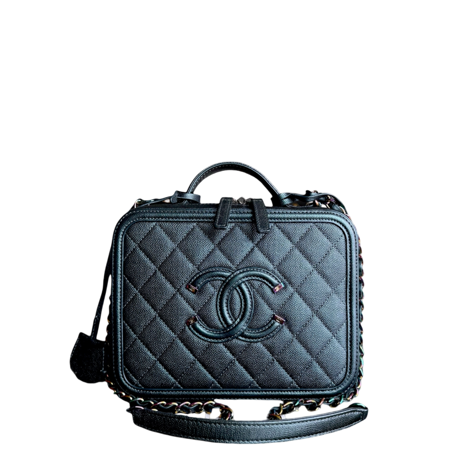 Chanel Filigree Vanity Case Medium - Caviar 21CM Irridiscent Dark Green Gold Hardware Series 26