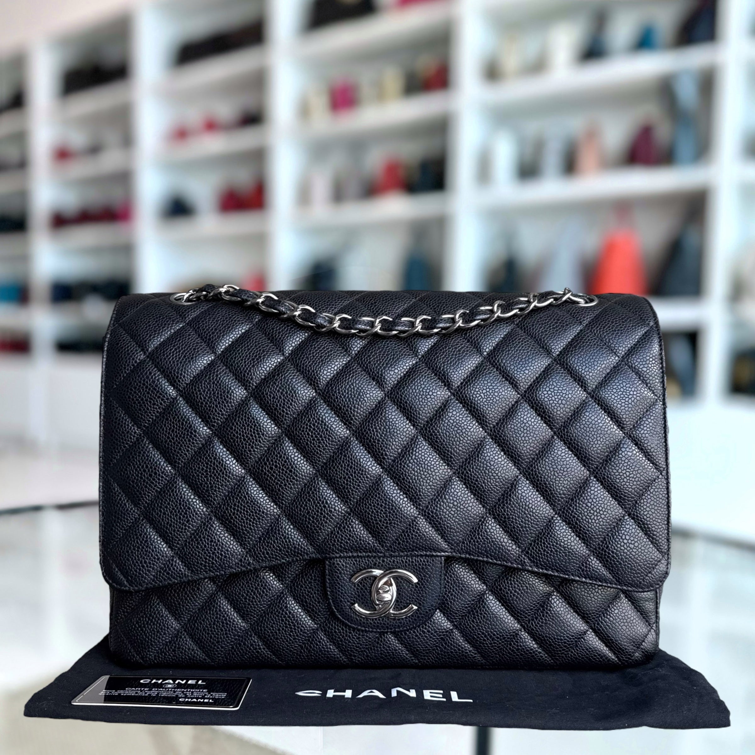 Chanel Classic Flap Maxi - Caviar Double Flap 33CM Quilted Black Silver Hardware Series 15