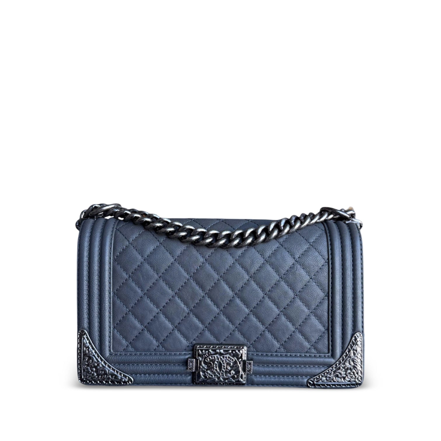 Chanel Boy Medium - 25CM Quilted Limited Edition Paris-Dallas Metal Edge Grained Calfskin Gray Silver Hardware Series 19