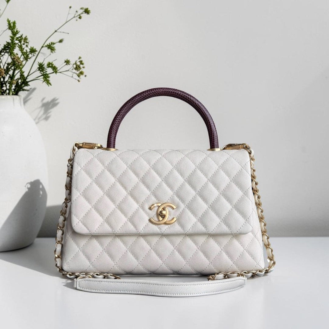 Chanel Coco Handle Medium - Caviar Quilted Lizard Handle White Gold Hardward 24
