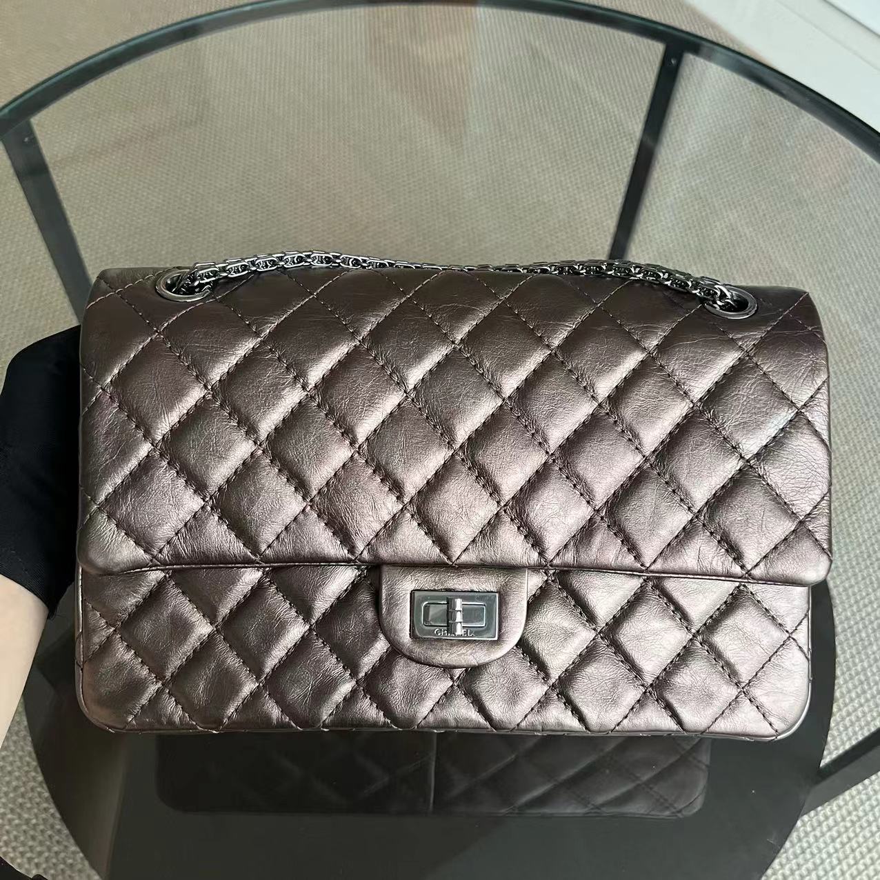 Chanel 2.55 Reissue 226 28CM Quilted Calfskin Metallic Bronze Silver Hardware Series 12