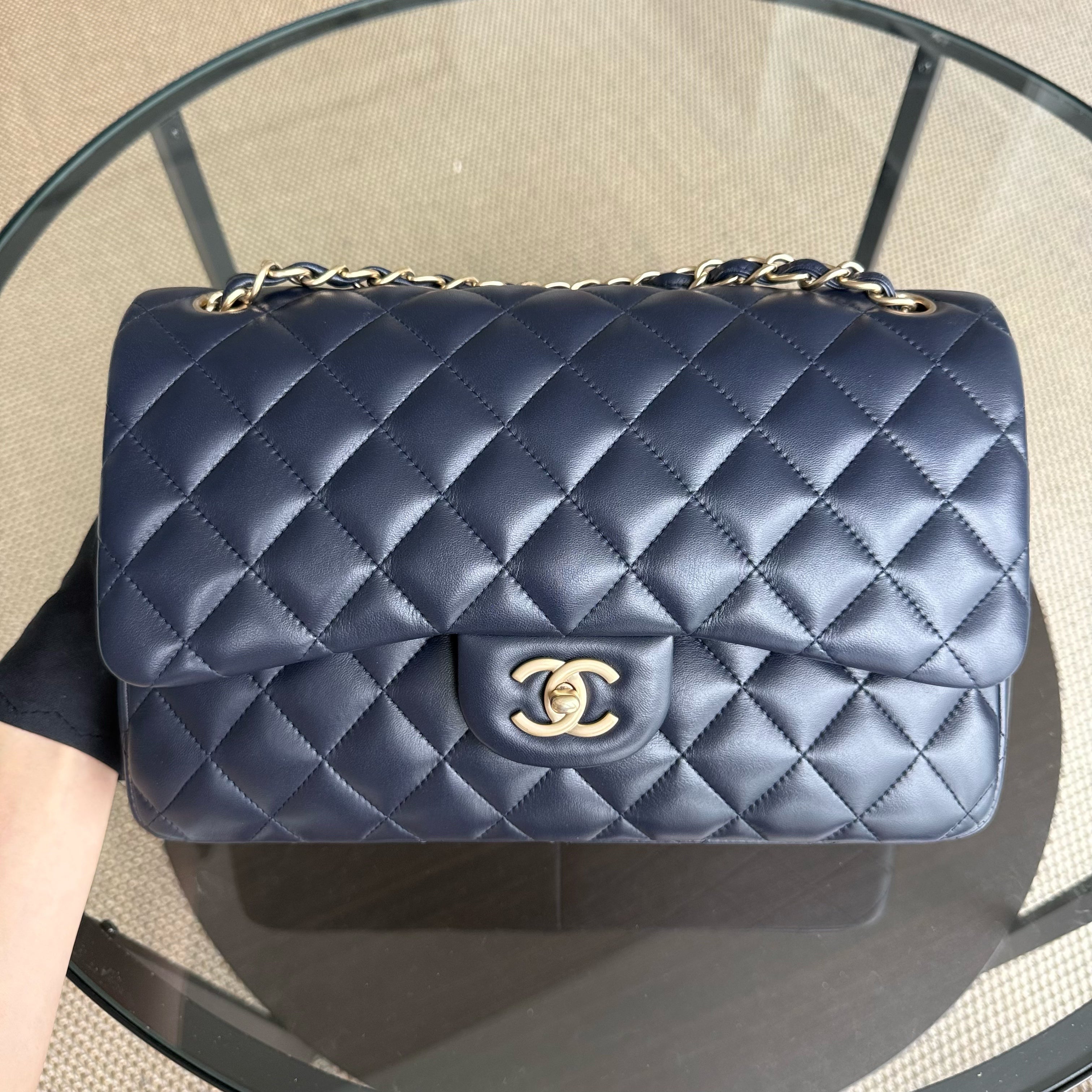 Chanel Classic Flap Jumbo - Double Flap 30CM Quilted Lambskin Dark Blue Gold Hardware Series 20