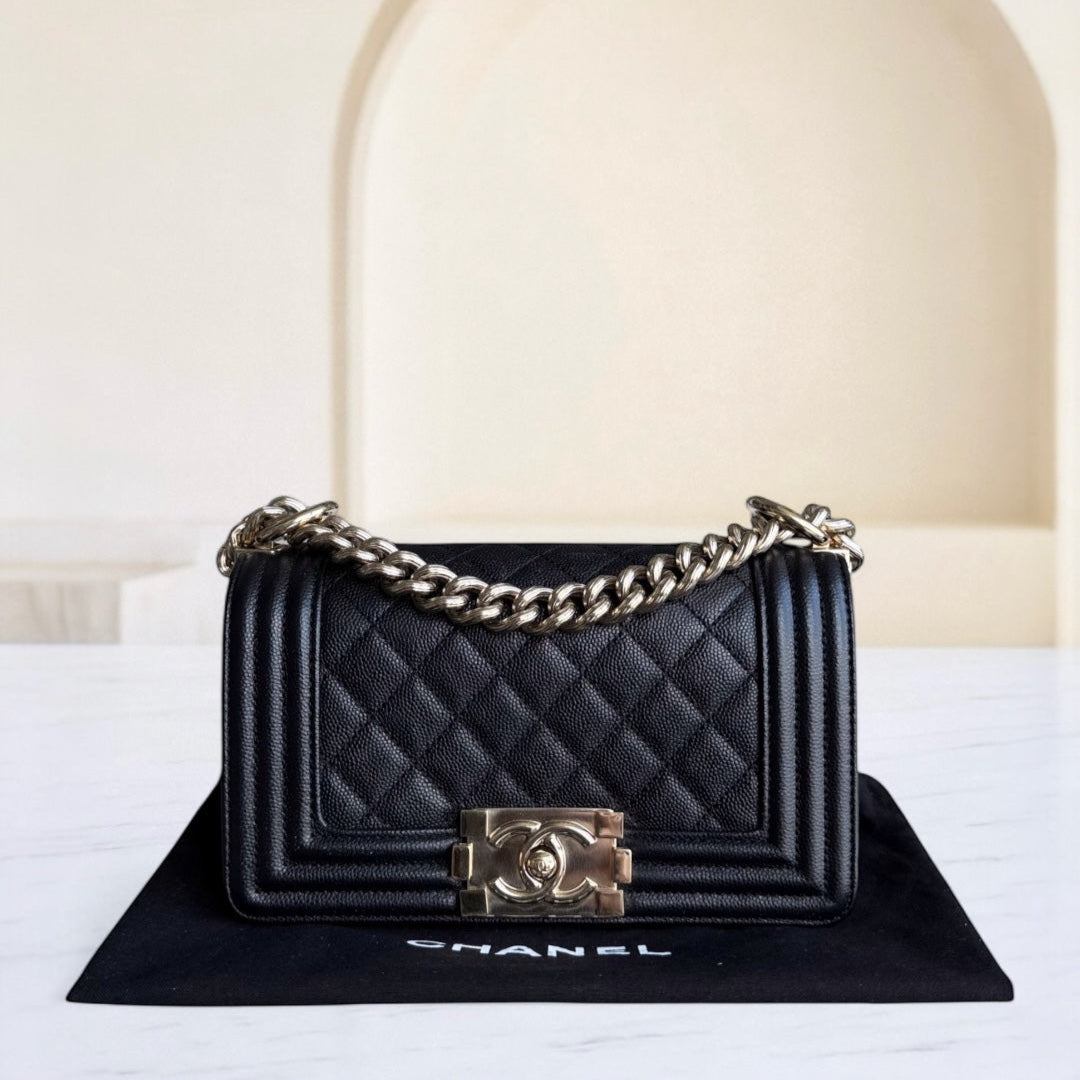 Chanel Boy Small - Caviar Quilted Grained Calfskin Black Gold Hardware Series 23