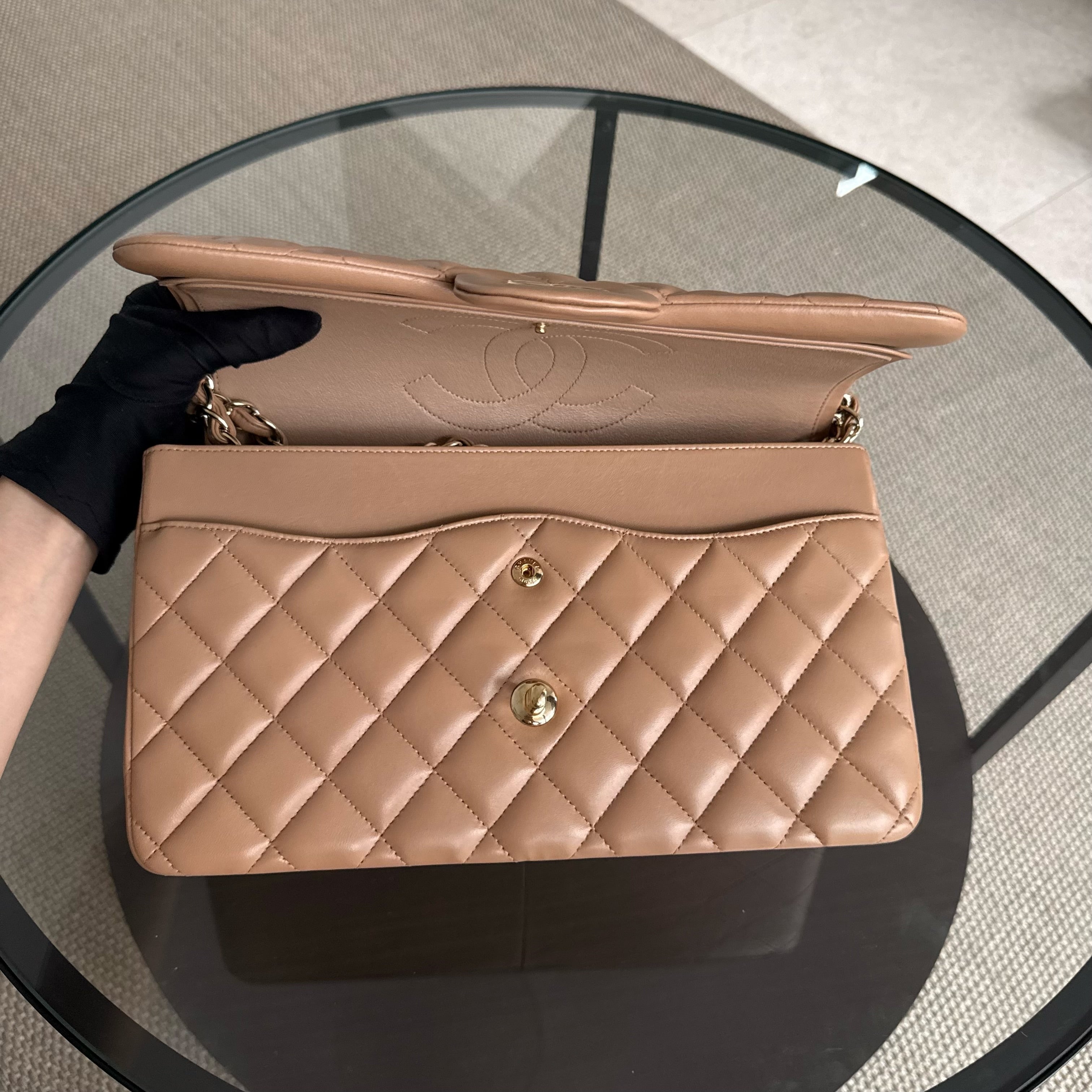 Chanel Classic Flap Jumbo - Double Flap 30CM Quilted Lambskin Caramel Dark Beige Gold Hardware Series 18