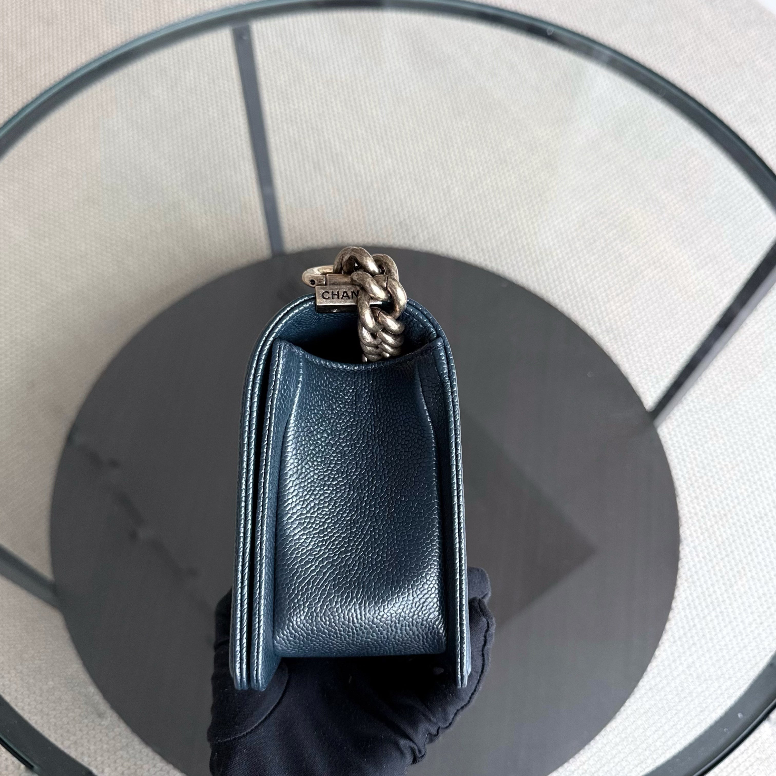 Chanel Boy Medium - Caviar 25CM Quilted Dark Blue Ruthenium Gold Hardware Series 19