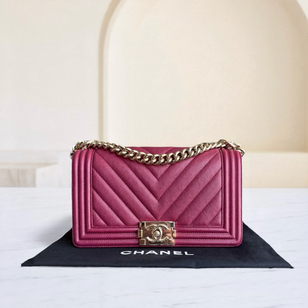 Chanel Boy Medium - Caviar 25CM Chevron Burgundy Gold Hardware Series 24