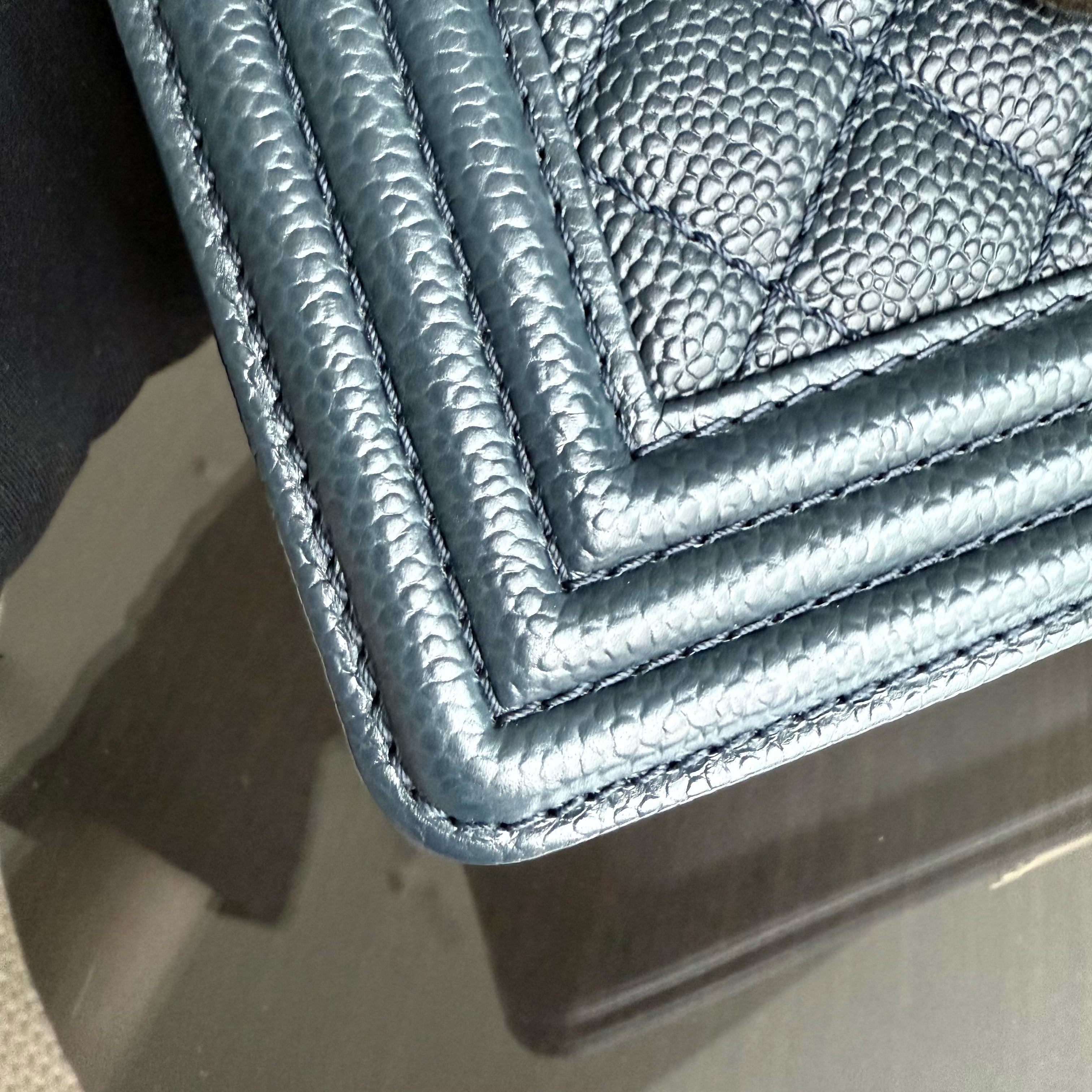 Chanel Boy Medium - Caviar 25CM Quilted Dark Blue Ruthenium Gold Hardware Series 19