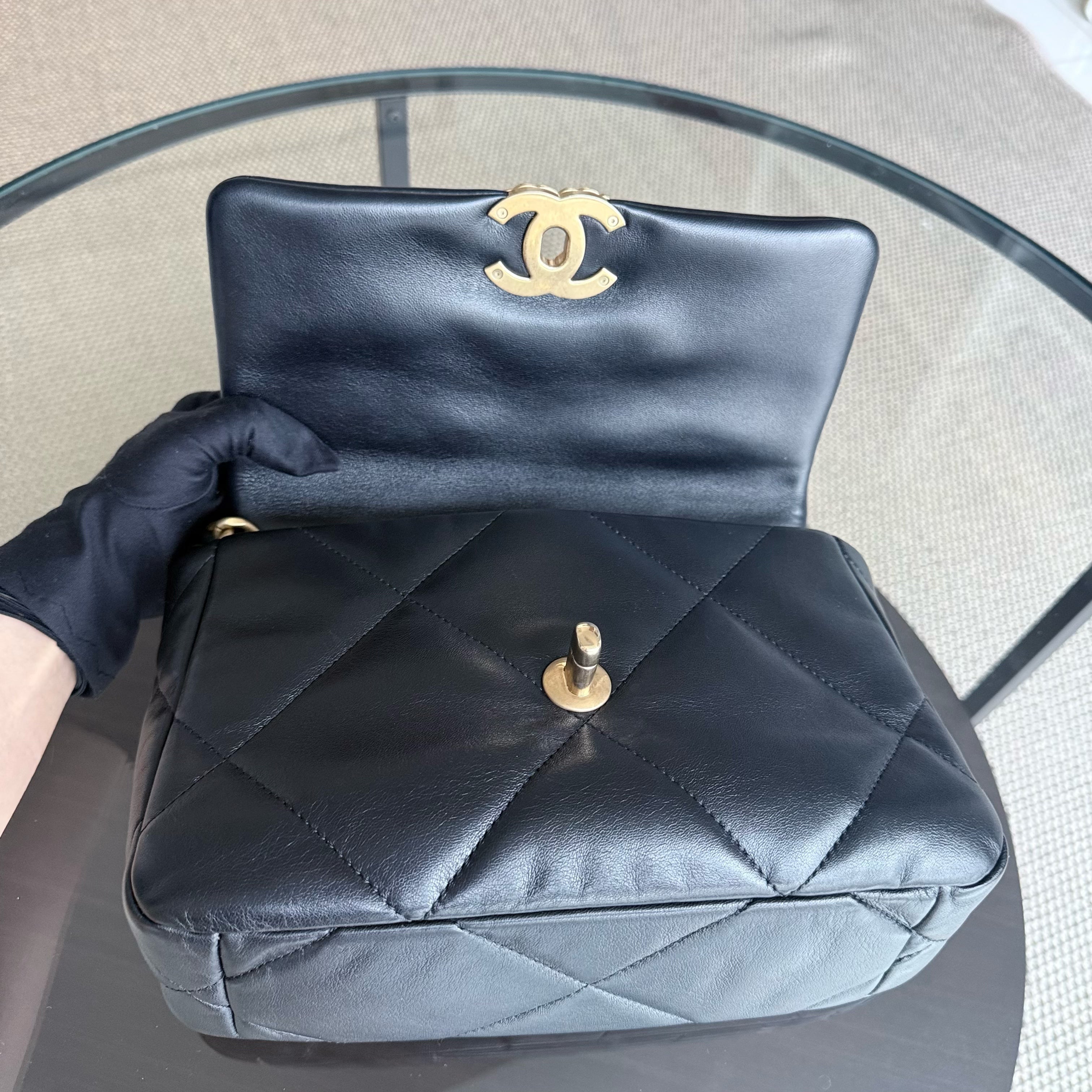 Chanel 19 Bag C19 Small - Quilted Shiny Goatskin Black Two-tone Gold Silver Hardware