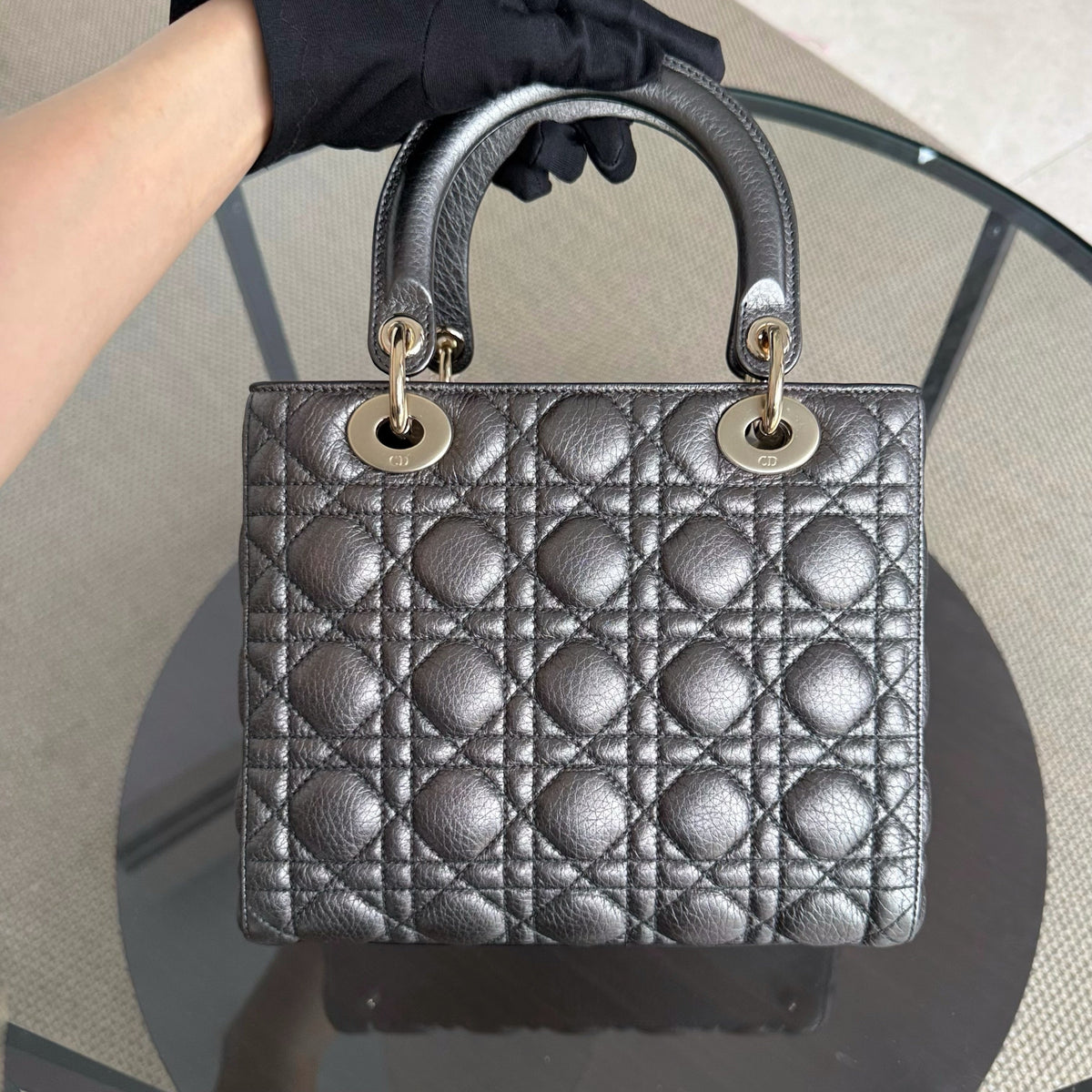 Dior Lady Medium Flap - Cannage Dark Gray Gold Hardware