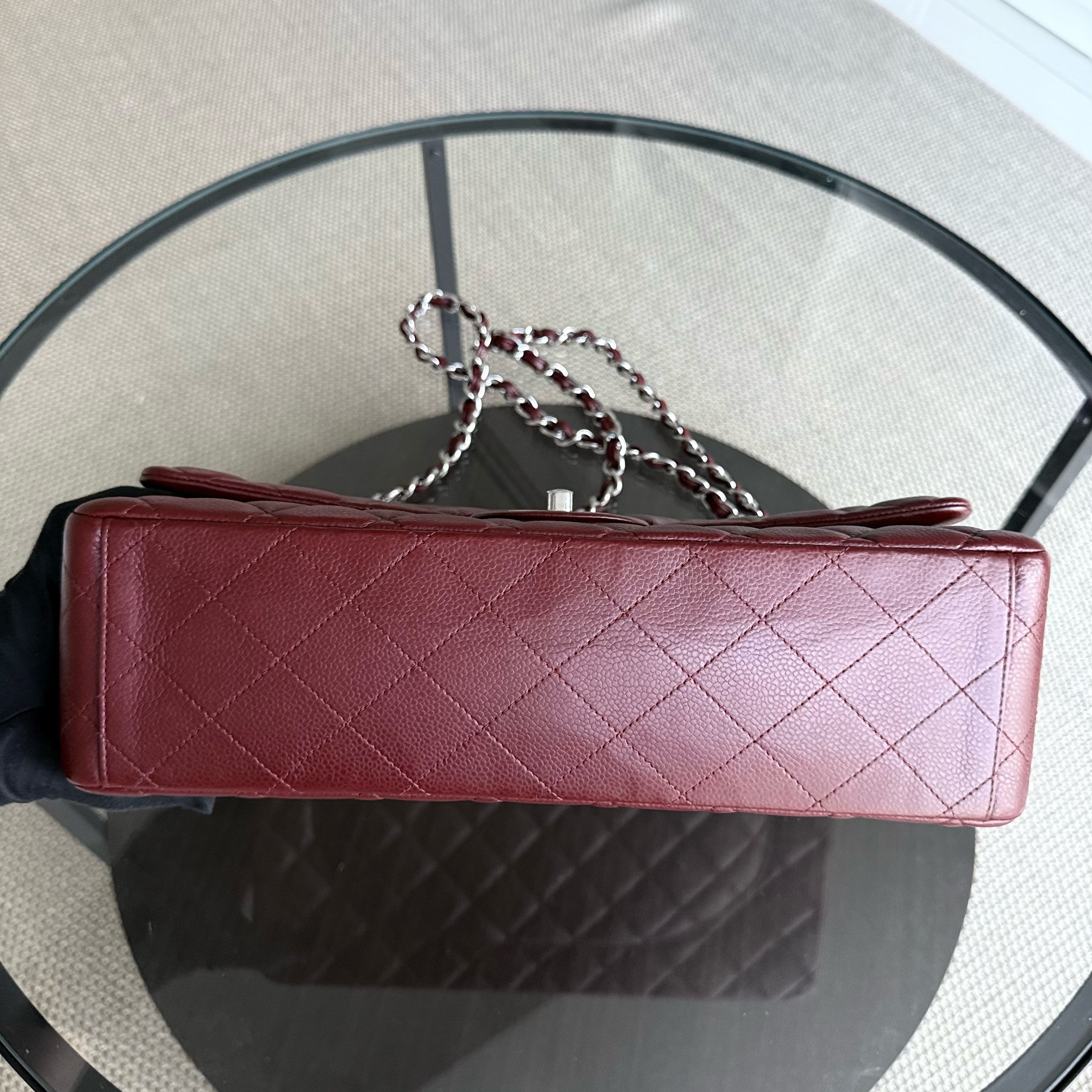 Chanel Classic Flap Maxi - Caviar Double Flap 33CM Quilted Grained Calfskin Burgundy Dark Red Silver Hardware Series 15