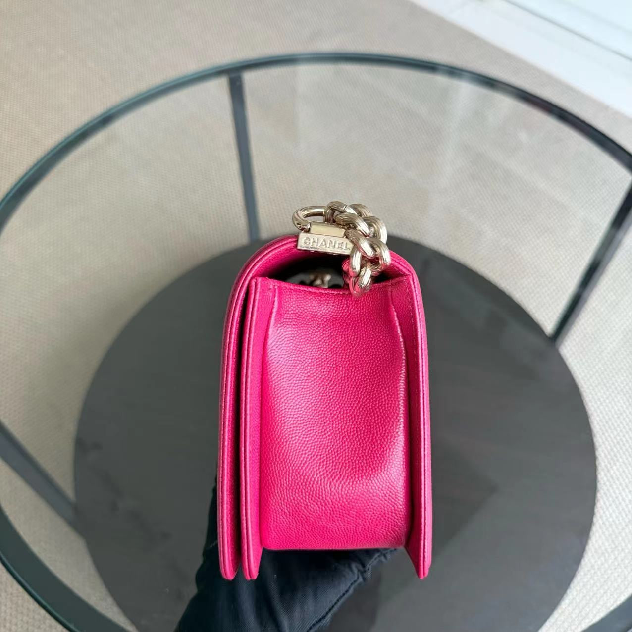 Chanel Boy Medium - Caviar 25CM Quilted Grained Calfskin Hot Pink Gold Hardware Series 23