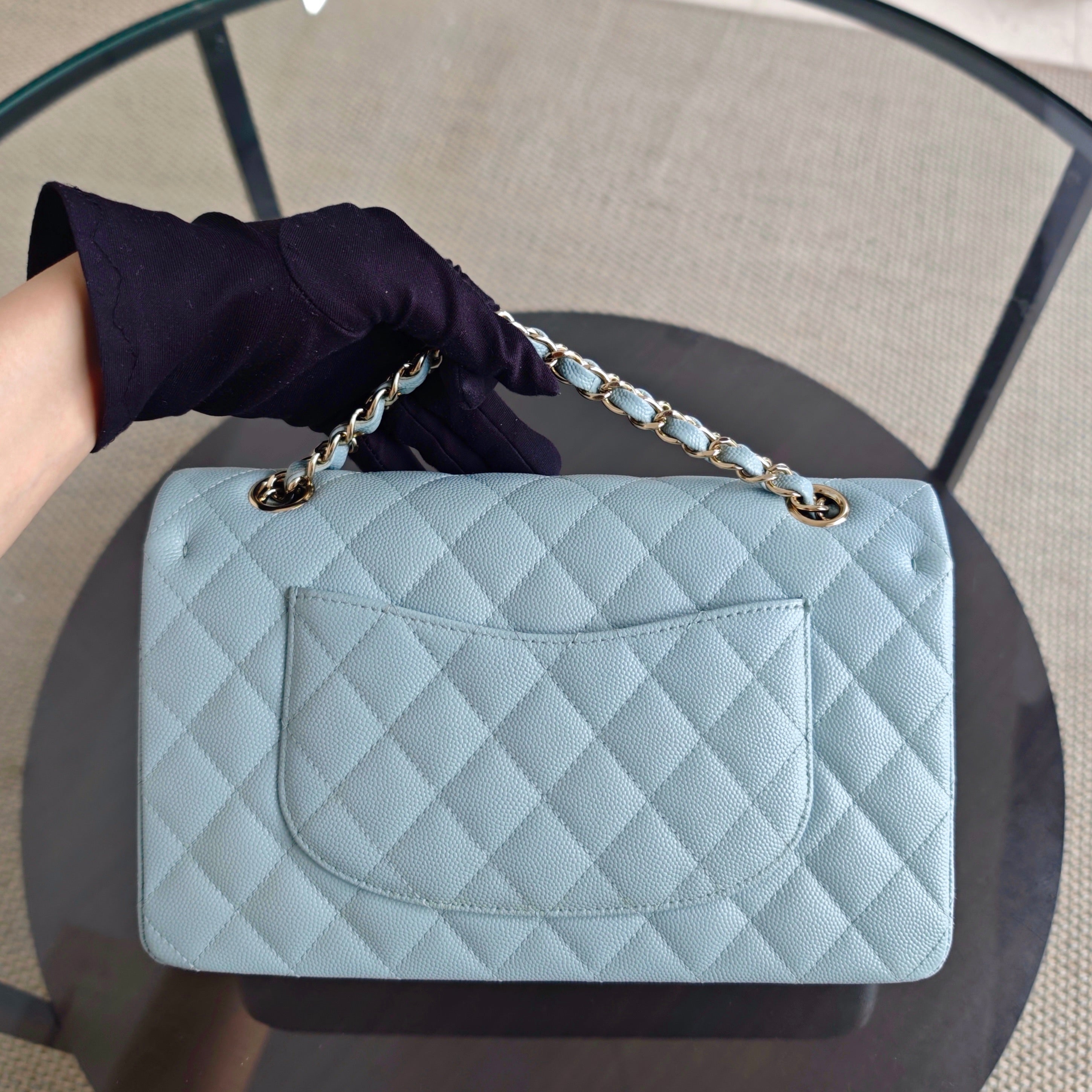 Chanel Classic Flap Medium - Caviar 25CM Quilted Light Blue Baby Blue Gold Hardware Microchip