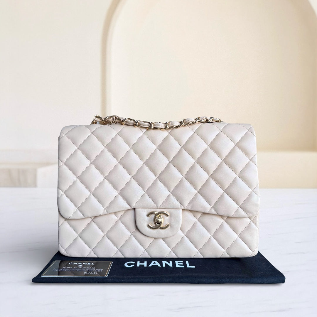 Chanel Classic Flap Jumbo - 30CM Single Flap Quilted Lambskin Beige Gold Hardware Series 13