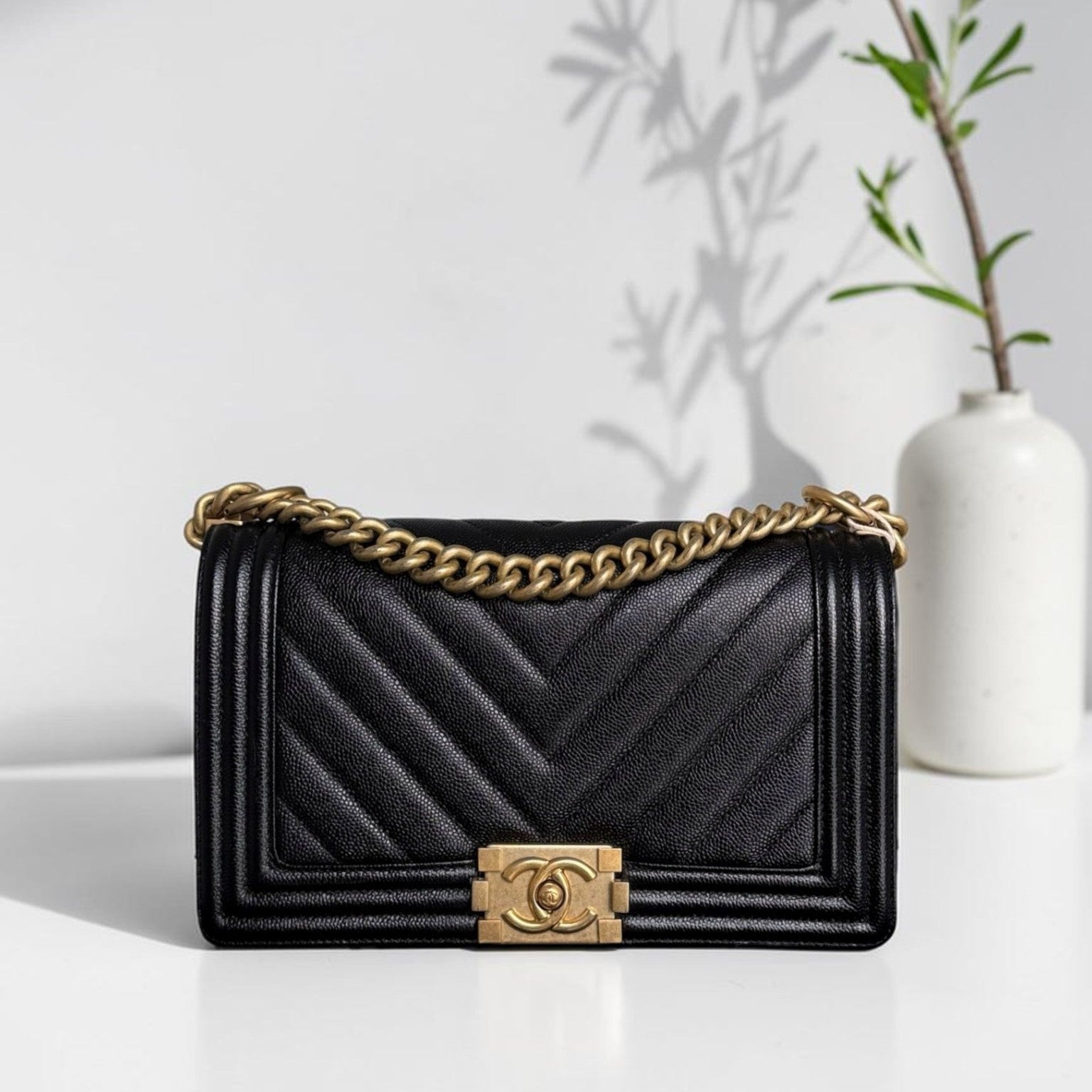 Chanel Boy Medium - Caviar 25CM Chevron Black Gold Hardware Series 24
