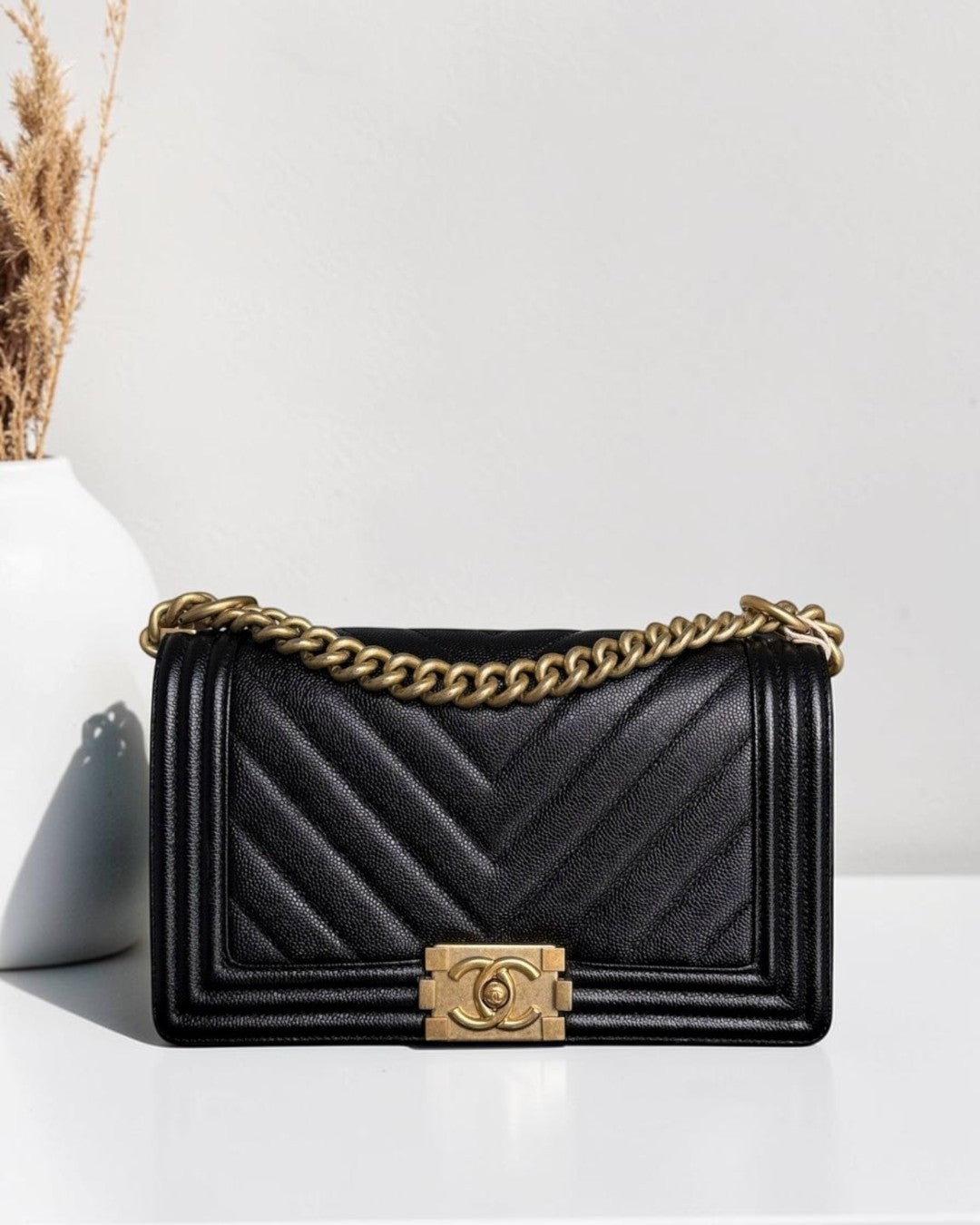 Chanel Boy Medium - Caviar 25CM Chevron Black Gold Hardware Series 24