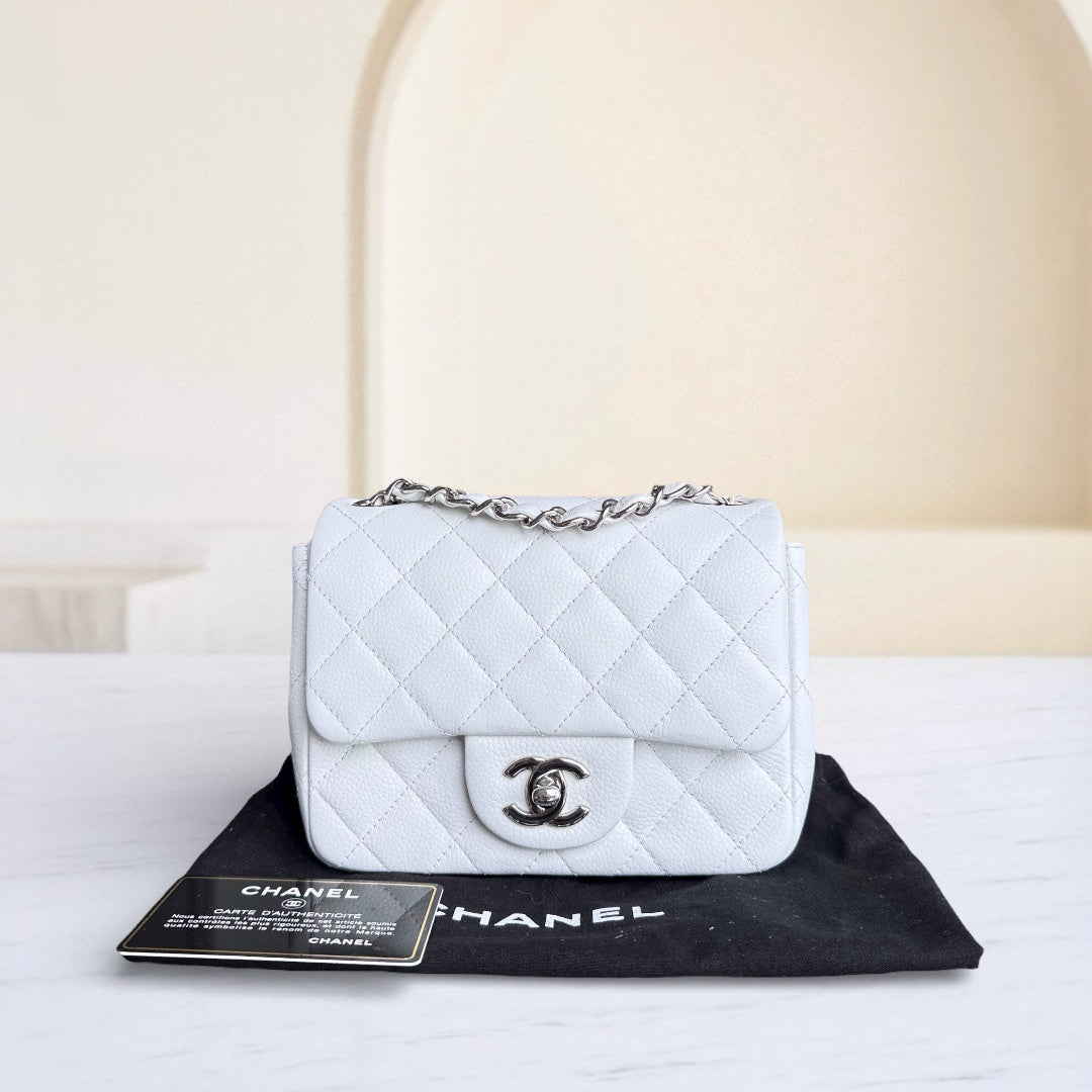 Chanel Classic Flap Mini Square - Caviar Quilted White Silver Hardware Series 18