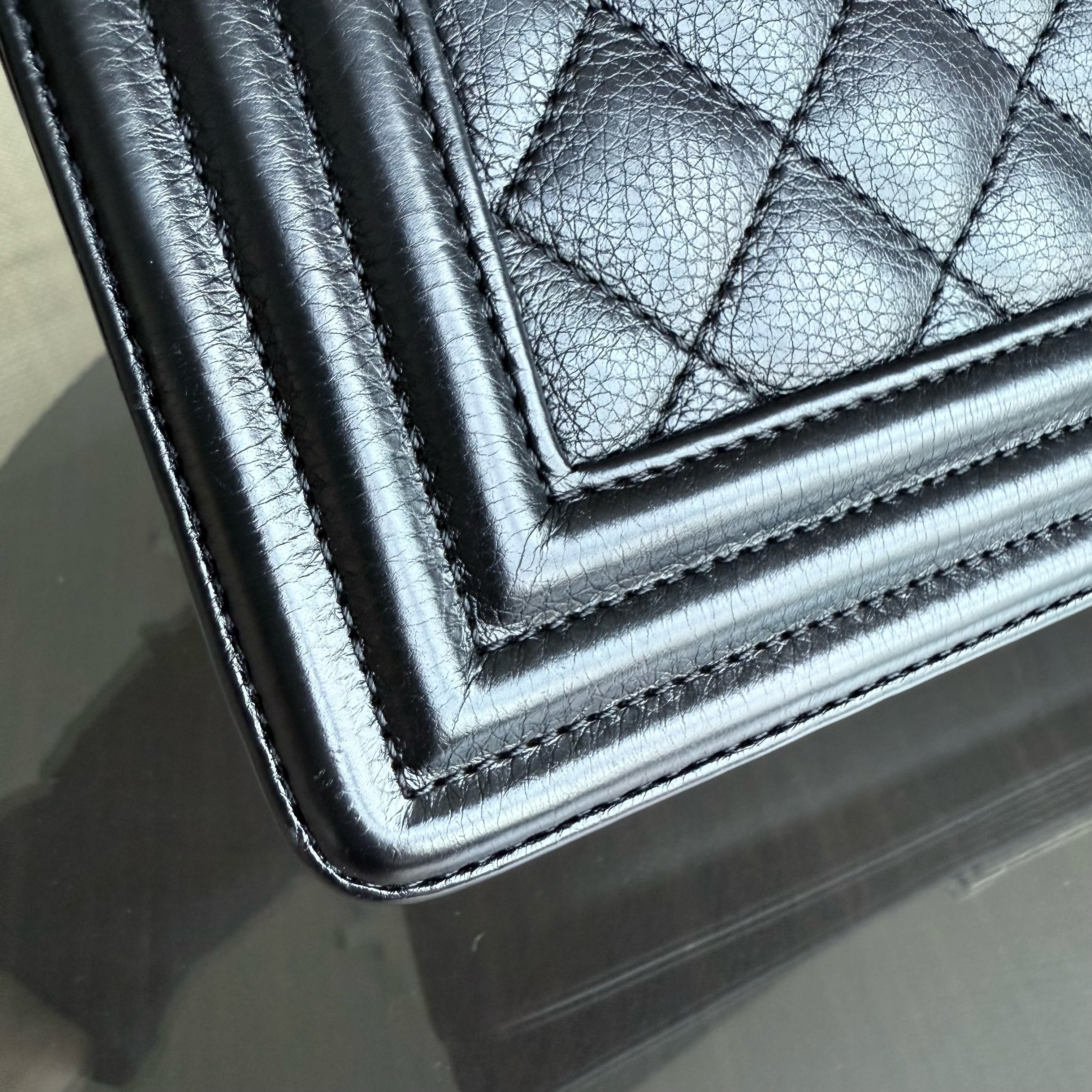 Chanel Boy Medium - 25CM Quilted Grained Calfskin Black Silver Hardware Series 23