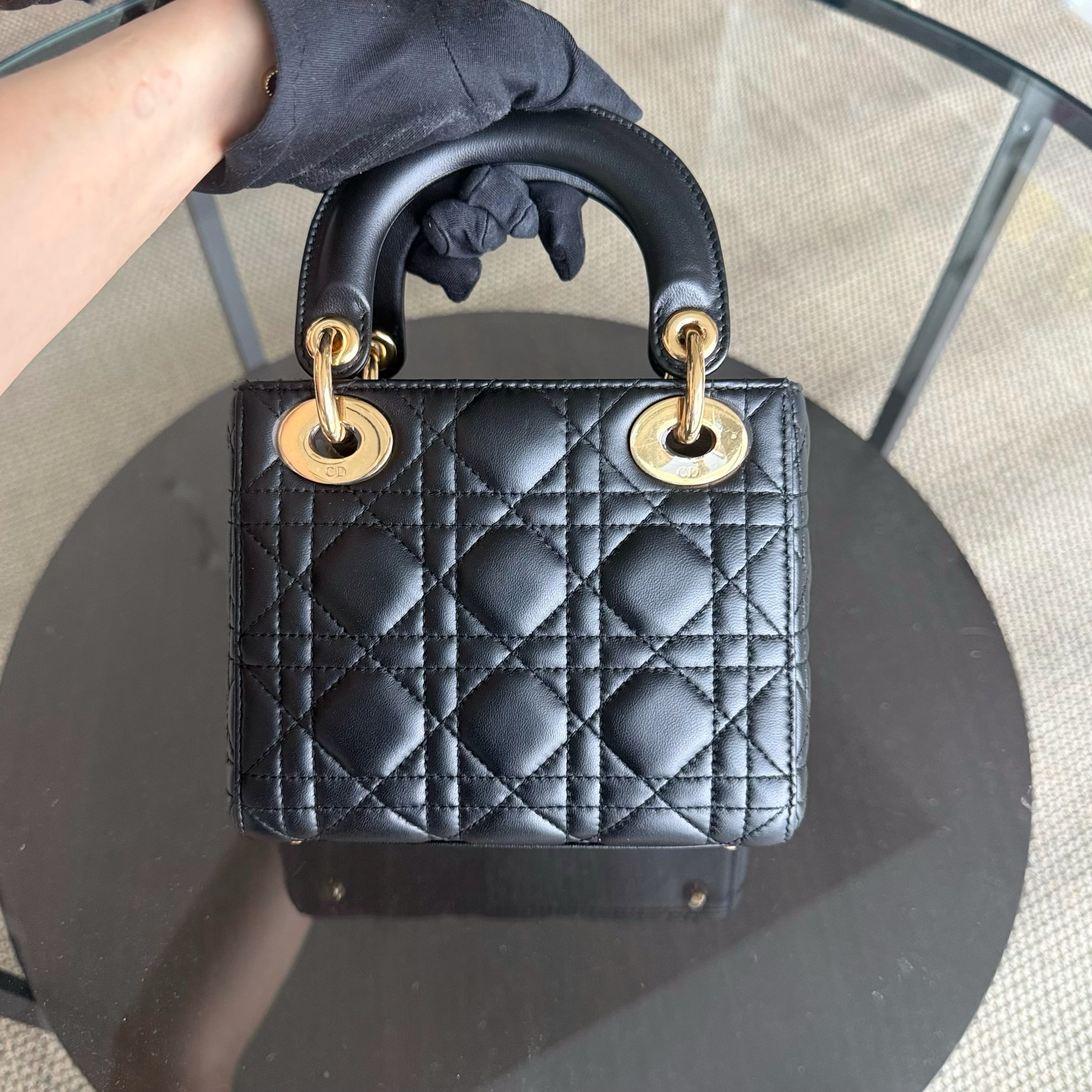 Dior Lady Mini - Cannage Lambskin Black Gold Hardware Adjustable Strap