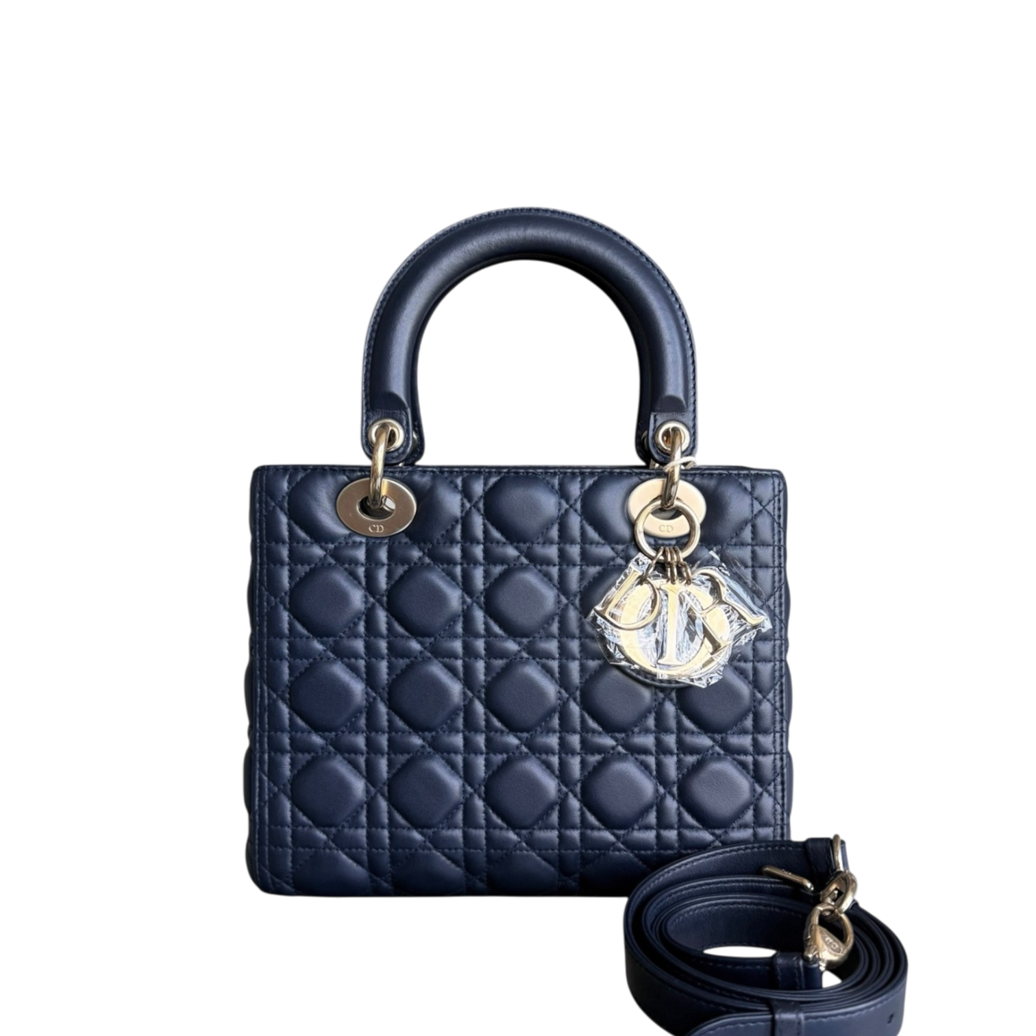 Dior Lady Medium - Cannage Lambskin Dark Blue Gold Hardware Adjustable Strap