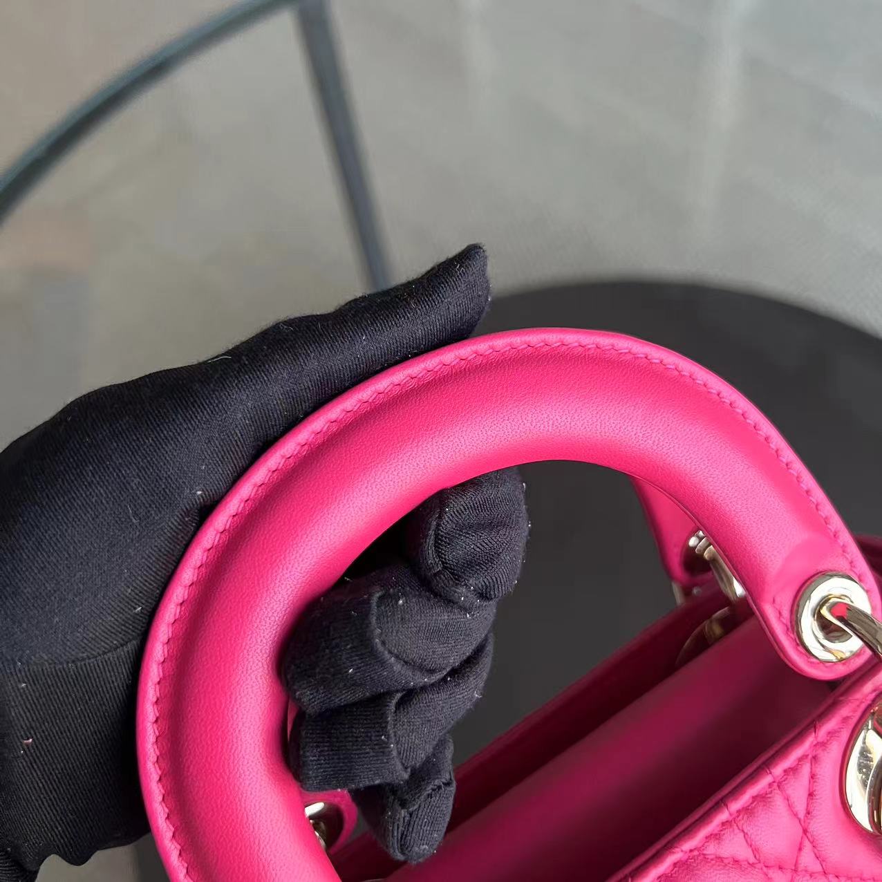Lady Mini Lambskin Cannage Hot Pink Golden Hardware