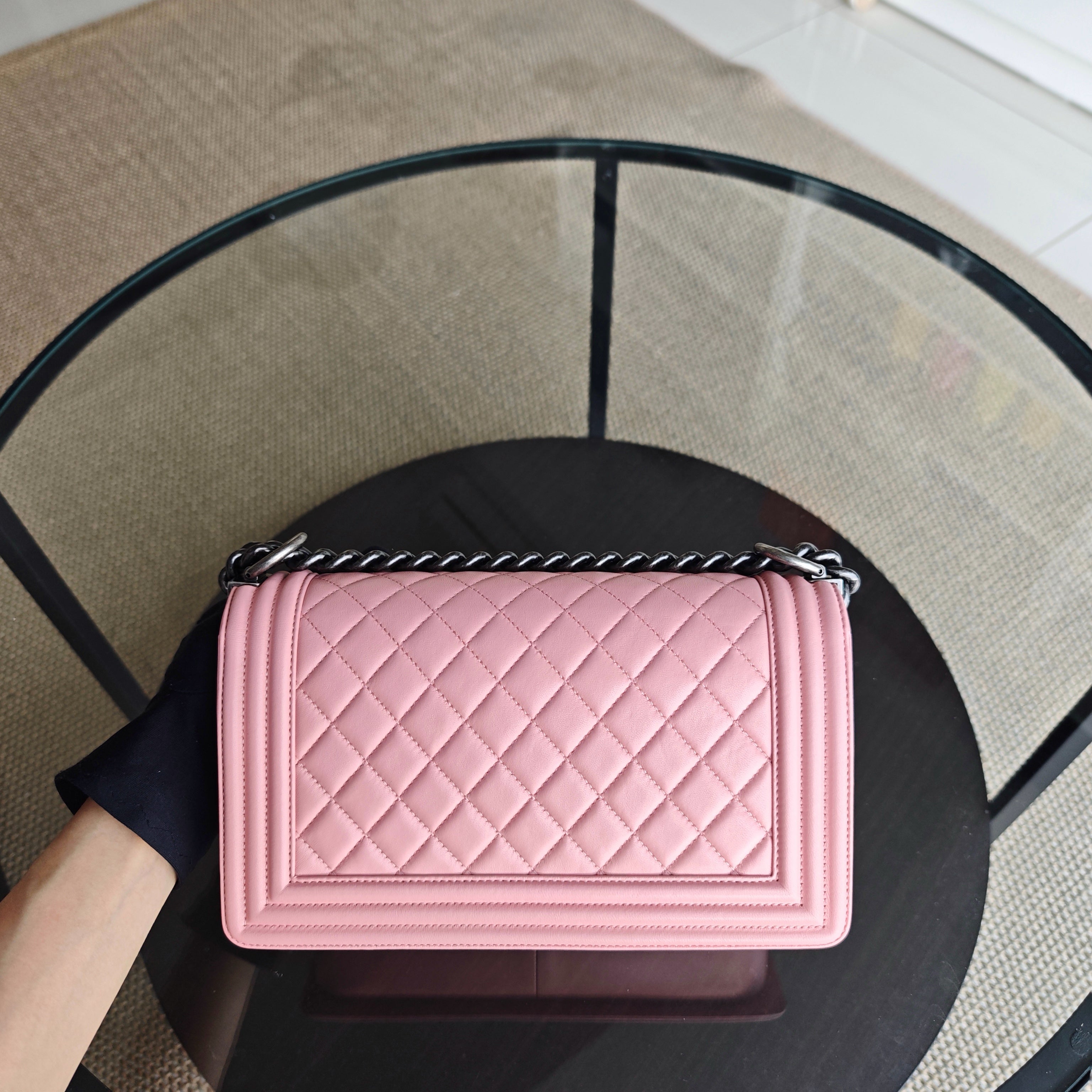 Chanel Boy Medium - Quilted Lambskin Light Pink Ruthenium Silver Hardware Series 20