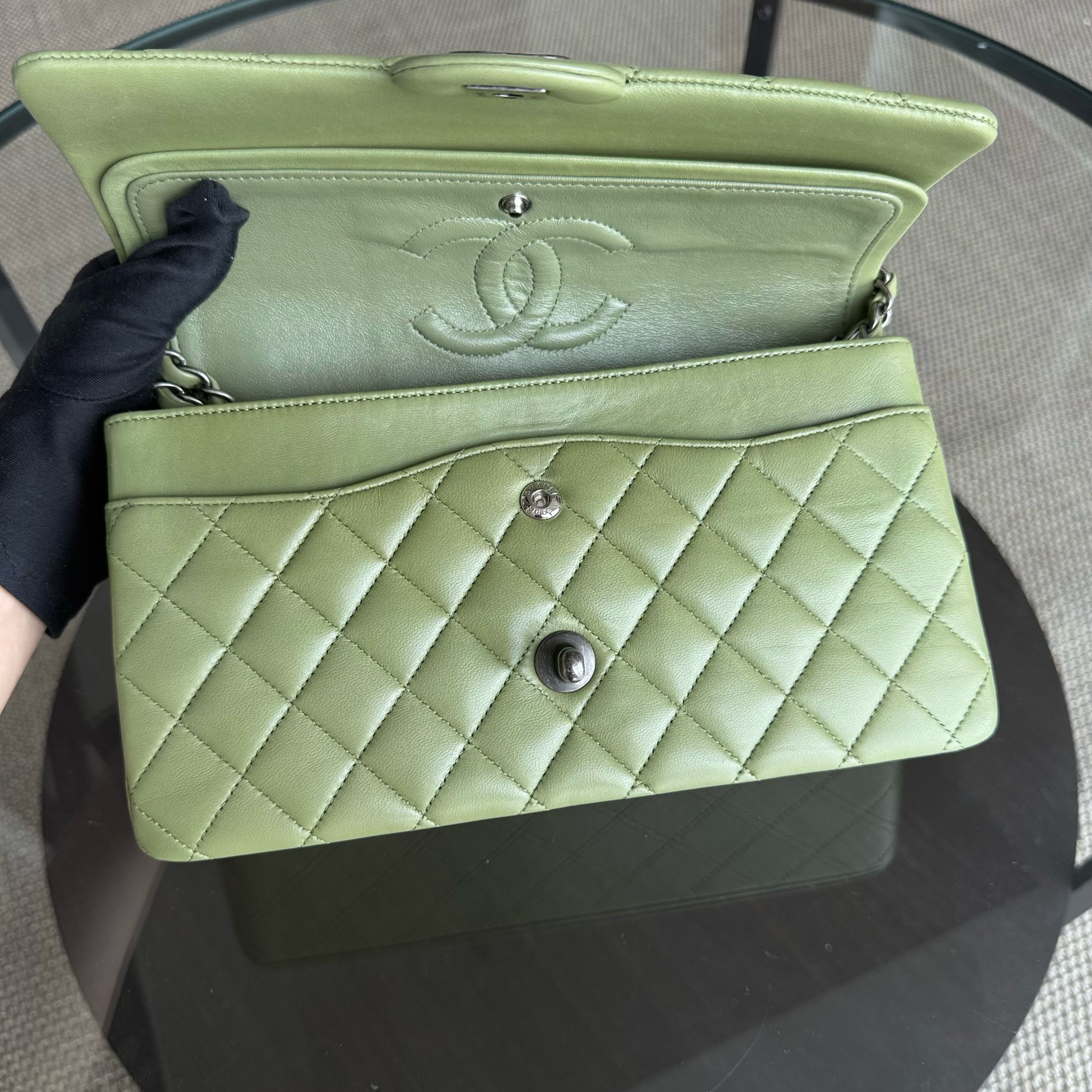 Chanel Classic Flap Medium - 25CM Quilted Lambskin Olive Green Silver Hardware Series 19