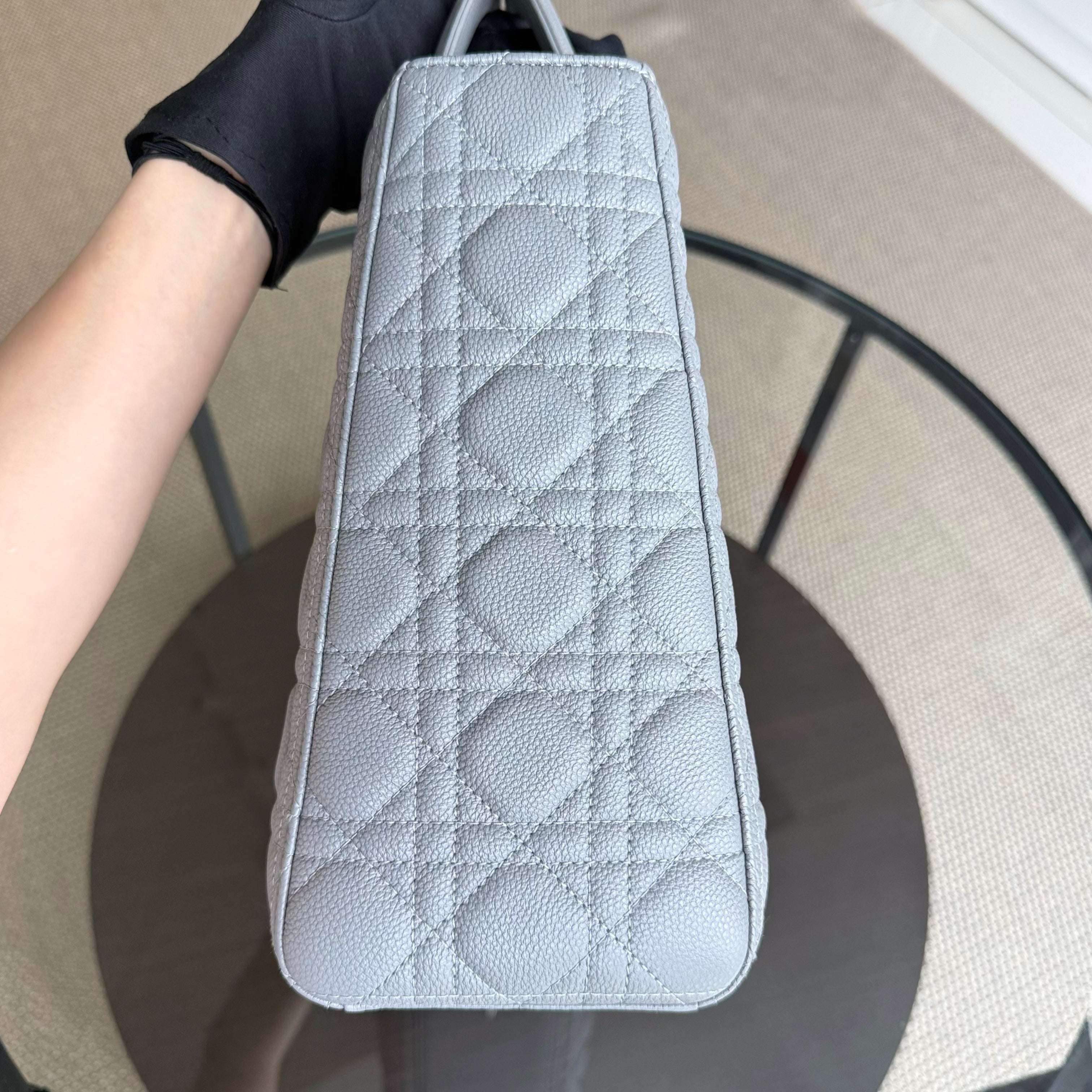 Dior Lady Large - Caviar Cannage Grained Calfskin Grey Gray Silver Hardware