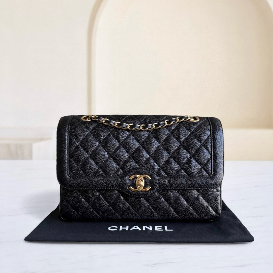 Chanel Seasonal Two-Tone Flap - Caviar 28CM Quilted Black Gold Hardware Series 21