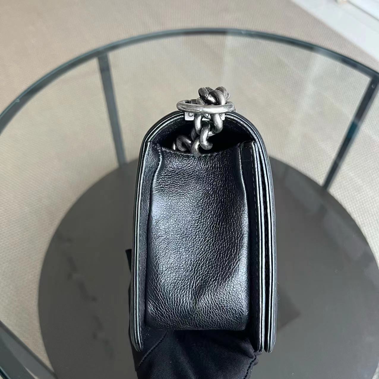 Calfskin Boy Old Medium 25CM Medium Quilted Black Ruthenium Silver Hardware Series 18