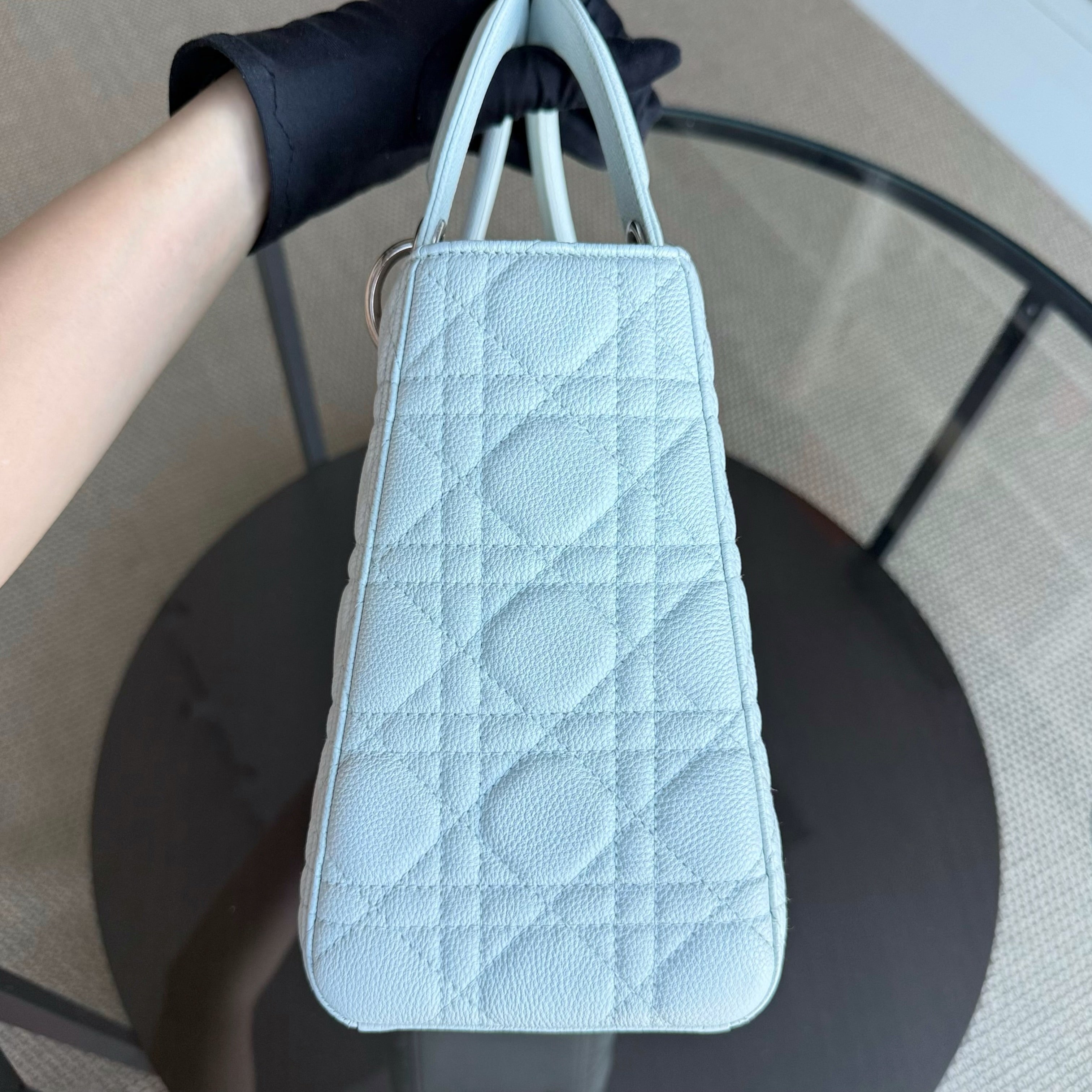 Dior Lady Medium Caviar - Grained Calfskin Cannage Glacier White Ice Blue Silver Hardware