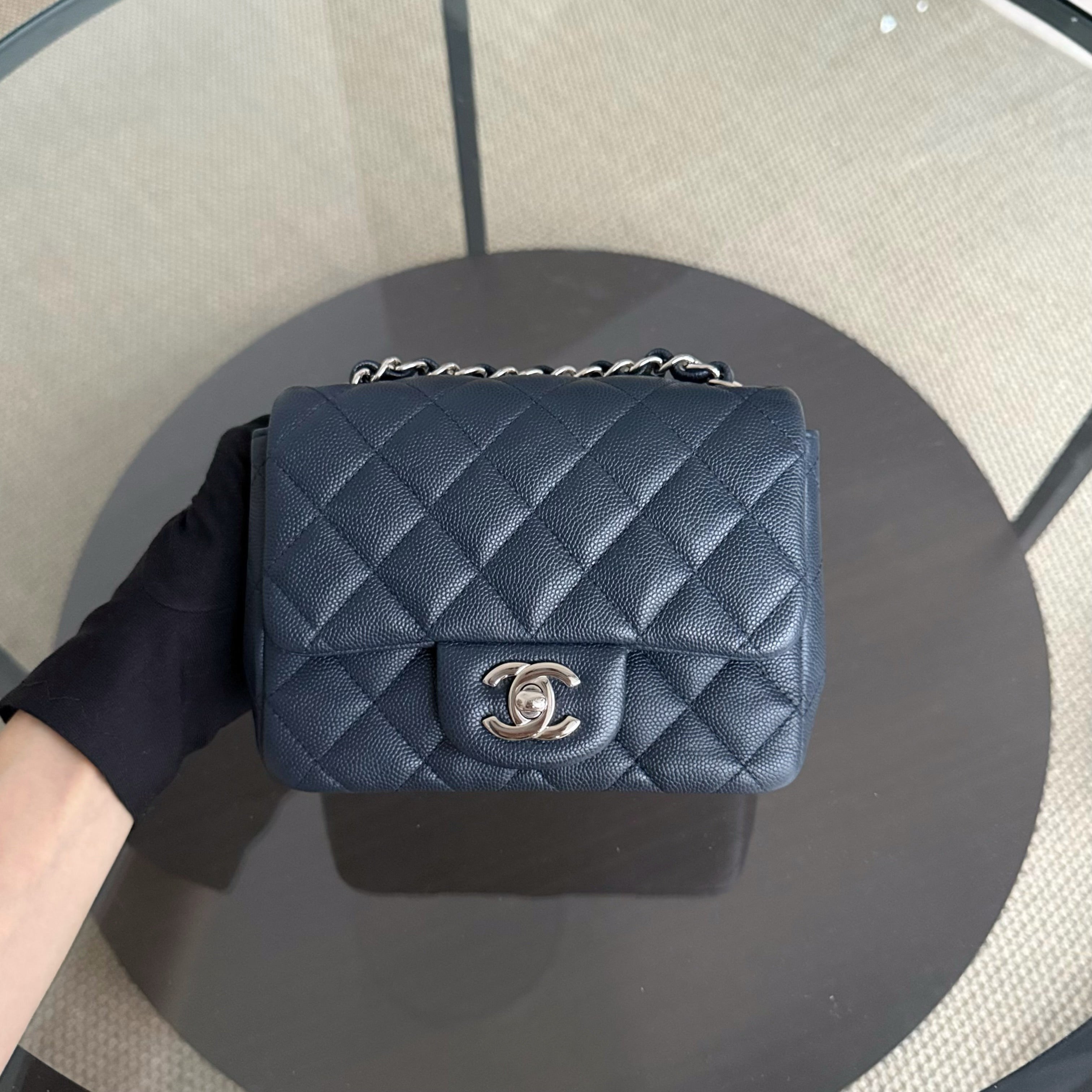 Chanel Classic Flap Mini Square - Caviar Quilted Midnight Blue Silver Hardware Series 26