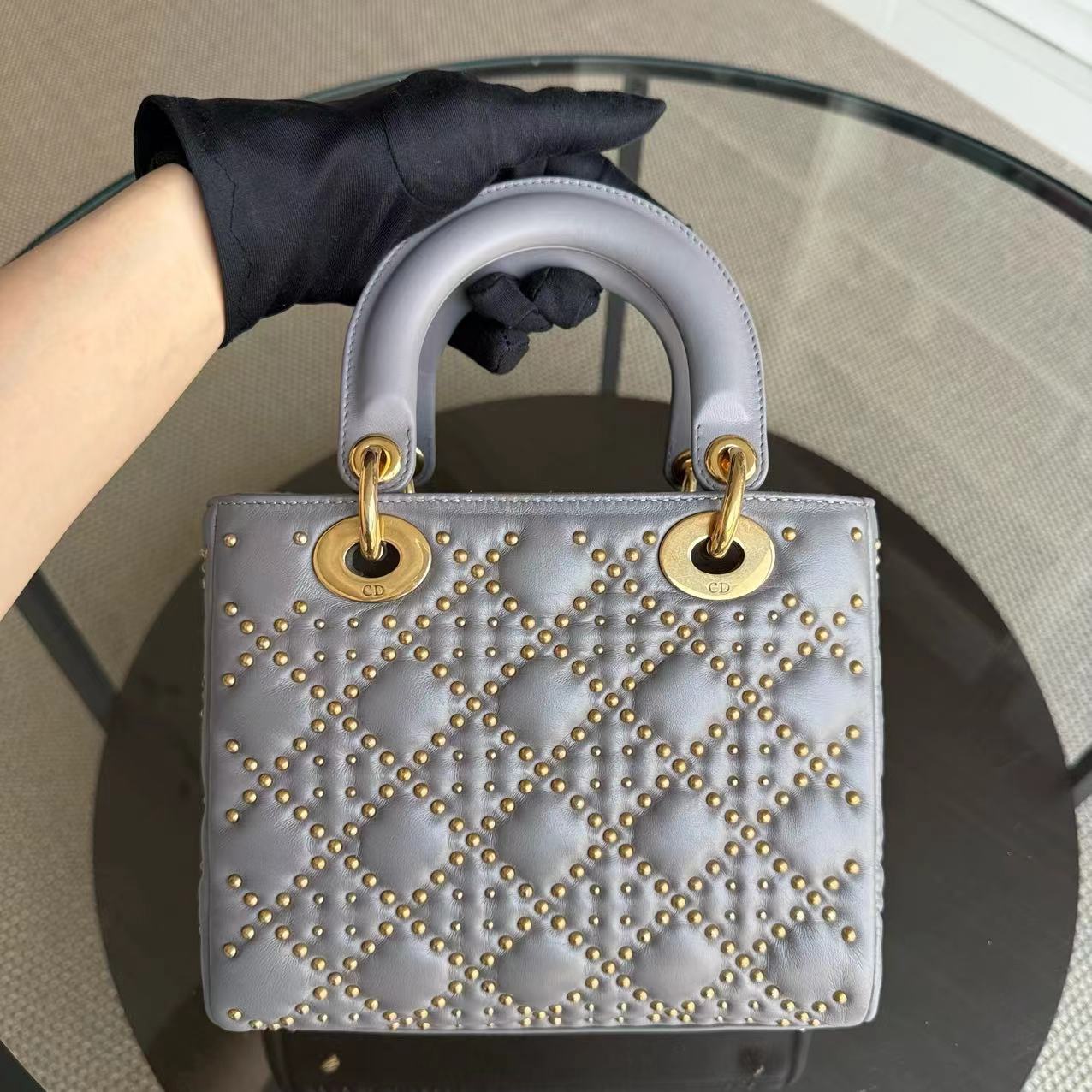 Dior Small Lady Shoulder Bag - Studded Cannage Grey Gray Golden Hardware