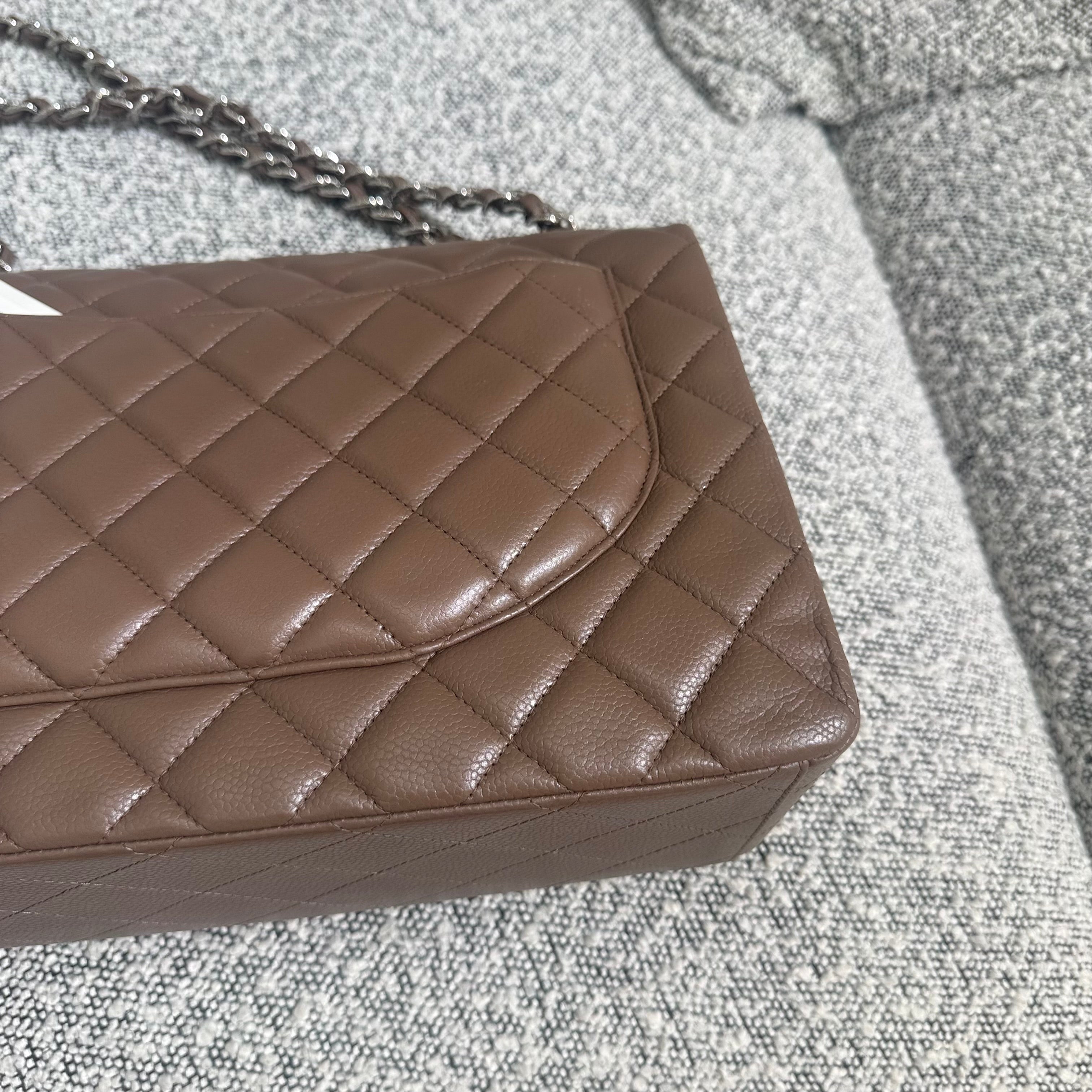Chanel Classic Flap Maxi - Caviar 33CM Single Flap Quilted Brown Silver Harware