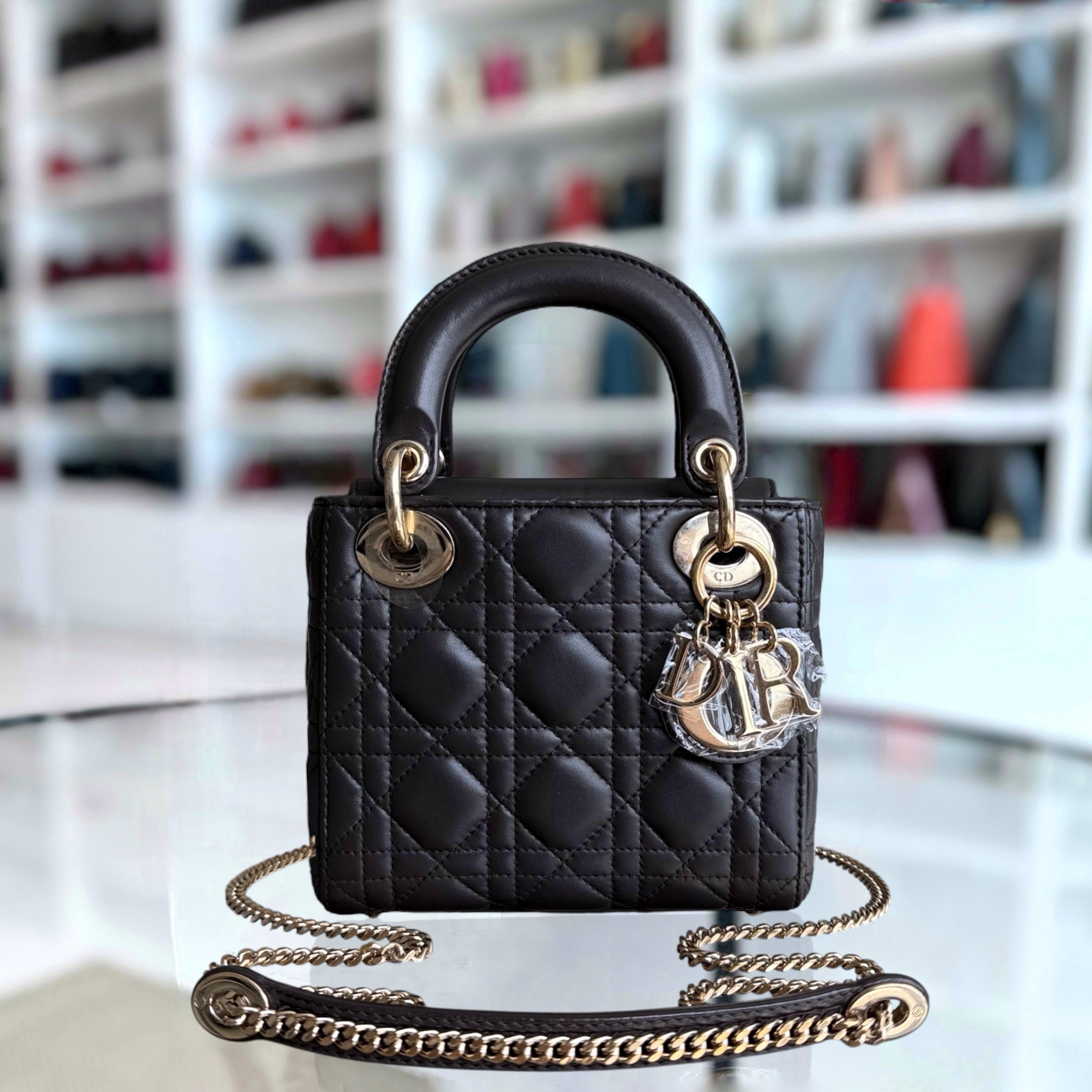 Dior Lady Mini - Cannage Lambskin Dark Grey Gray Gold Hardware Chain Strap