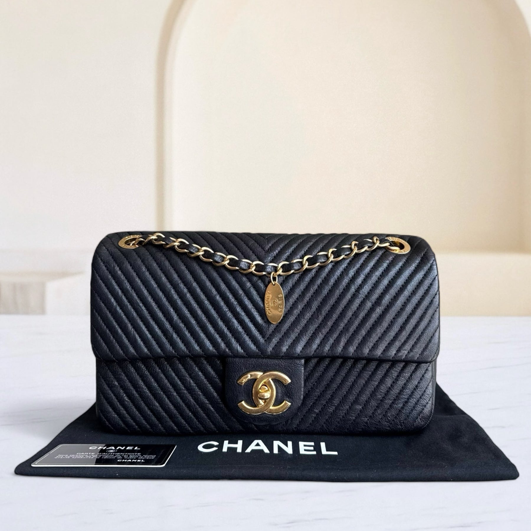 Chanel Seasonal Flap Surpique CC Herringbone Medallion Medium - 25CM Flap Chevron Goatskin Black Gold Hardware Series 20