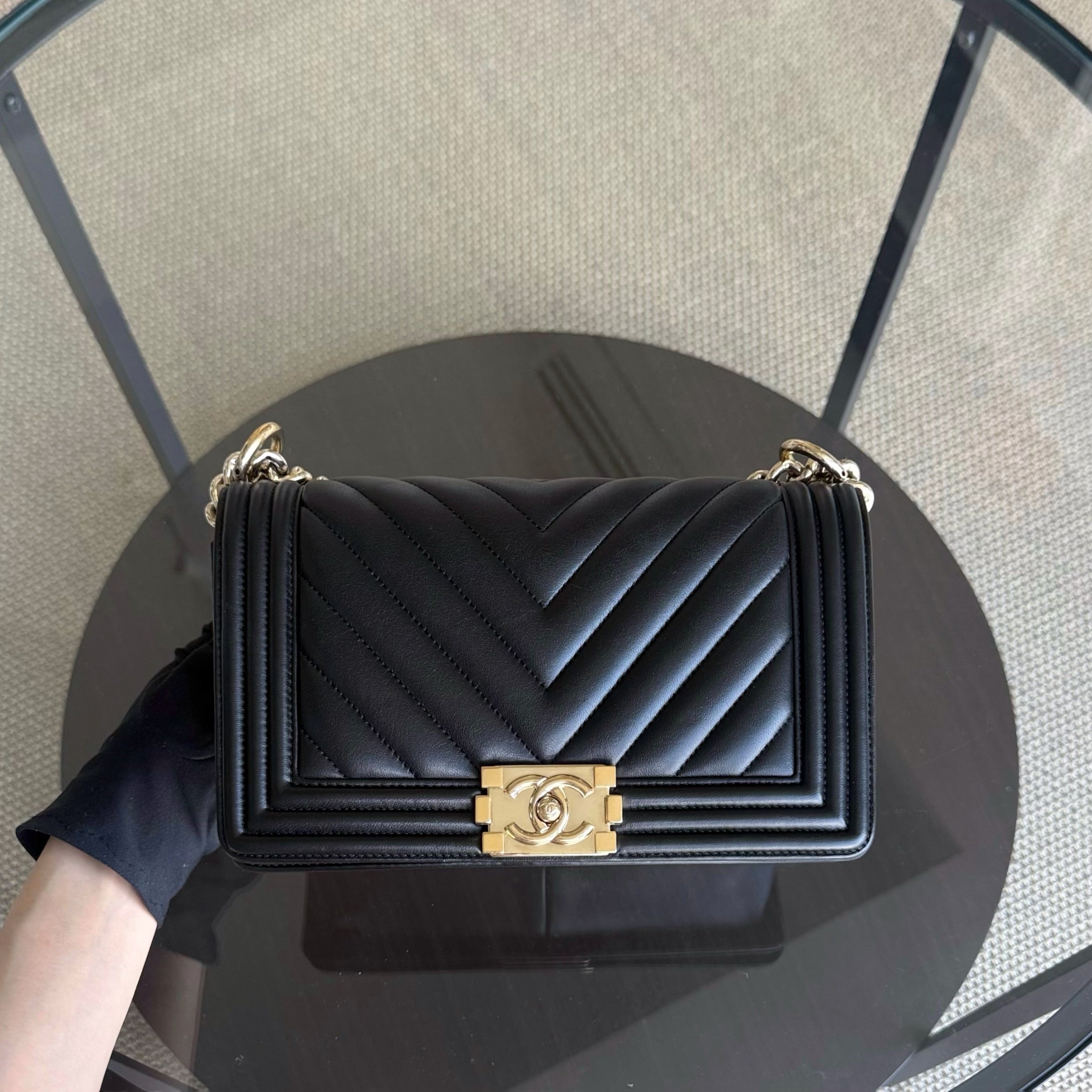 Chanel Boy Medium - 25CM Chevron Calfskin Black Aged Gold Hardware Series 23