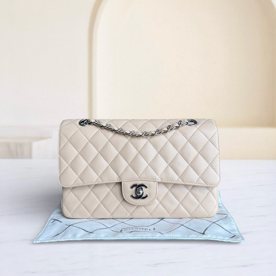 Chanel Classic Flap Medium - 25CM Quilted Lambskin Beige Silver Hardware Series 14