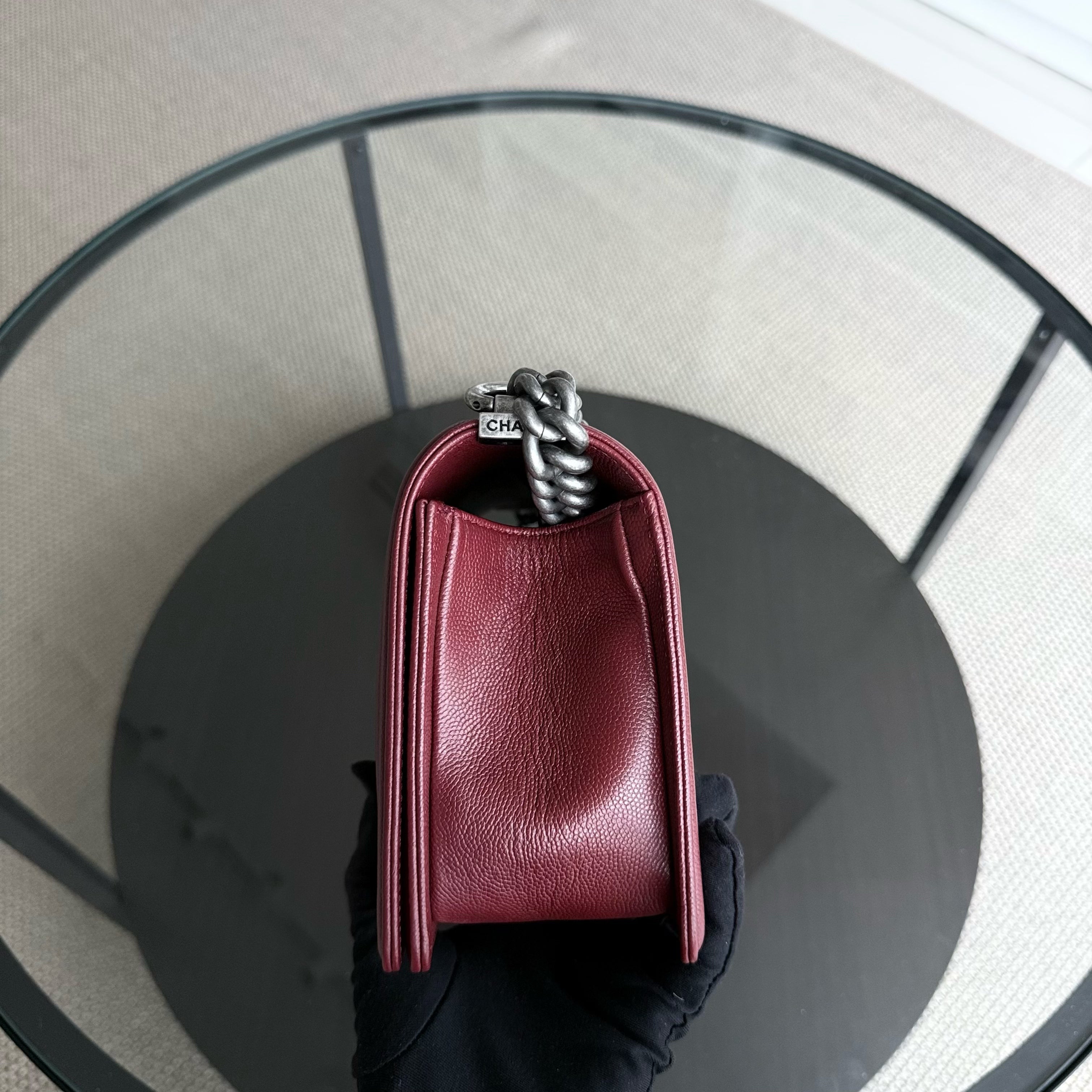 Chanel Boy Medium - Caviar 25CM Chevron Dark Red Burgundy Ruthenium Silver Hardware Series 24